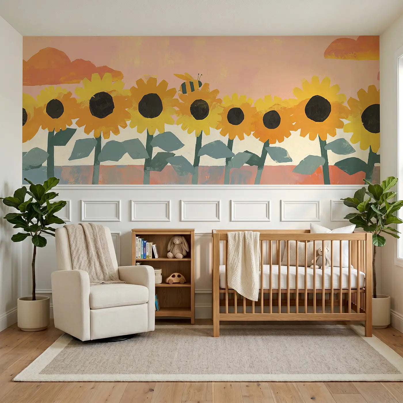 Modern Illustration graphic sunflower row wainscoting wallpaper for nursery by Whimsy Tots