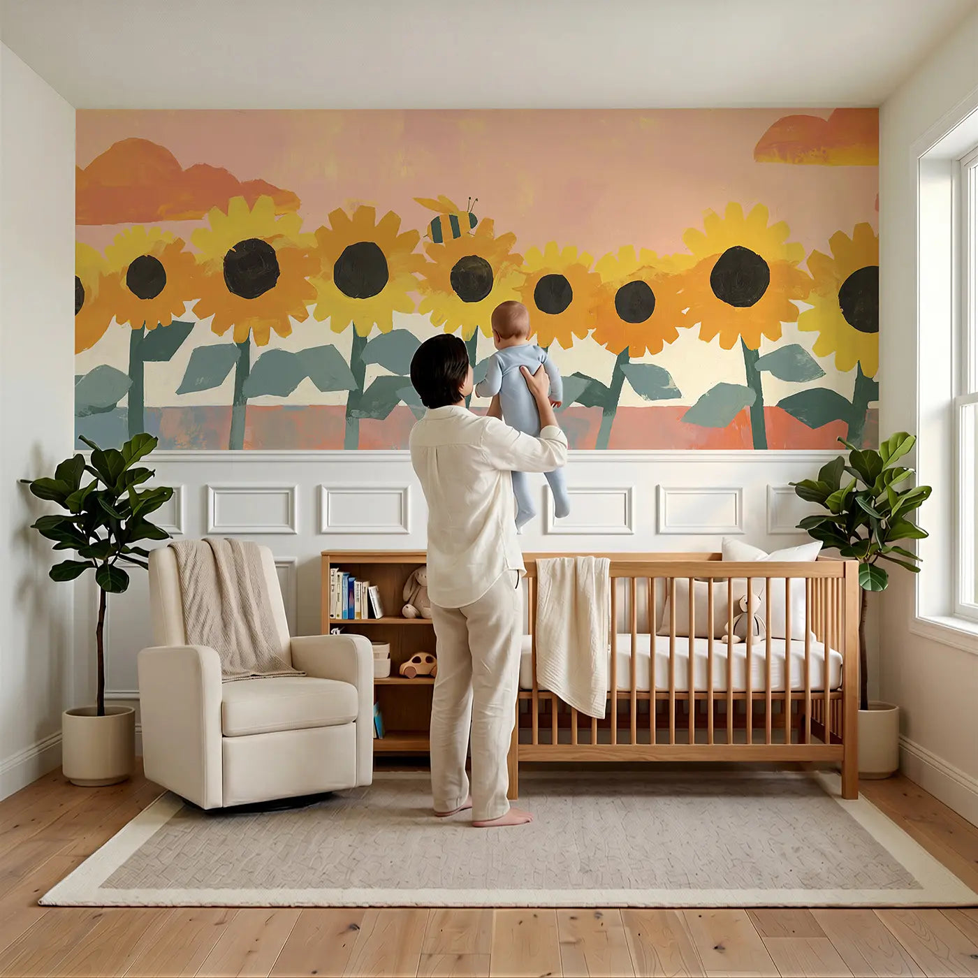 Child reading near Graphic Sunflower Row Wainscoting Wallpaper by Whimsy Tots