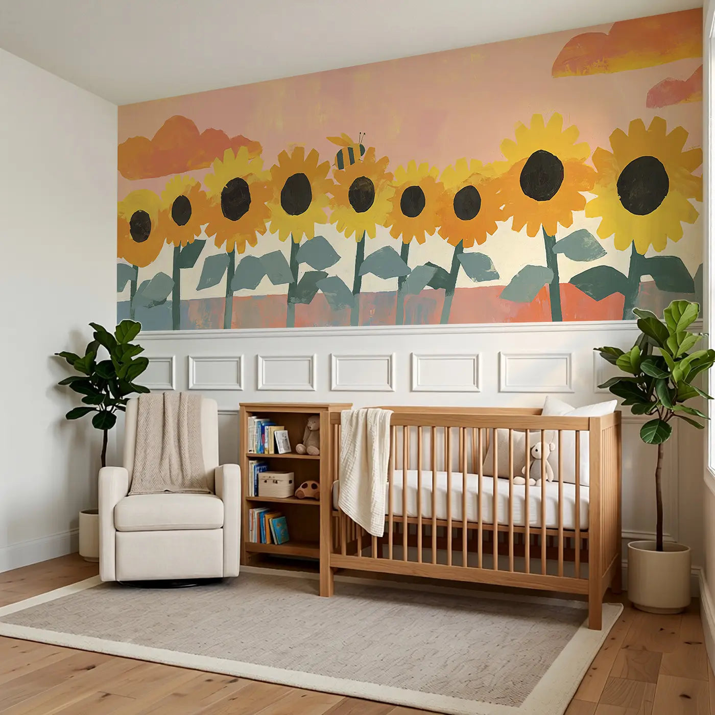 Graphic Sunflower Row Wainscoting Wallpaper styled in a kids bedroom by Whimsy Tots