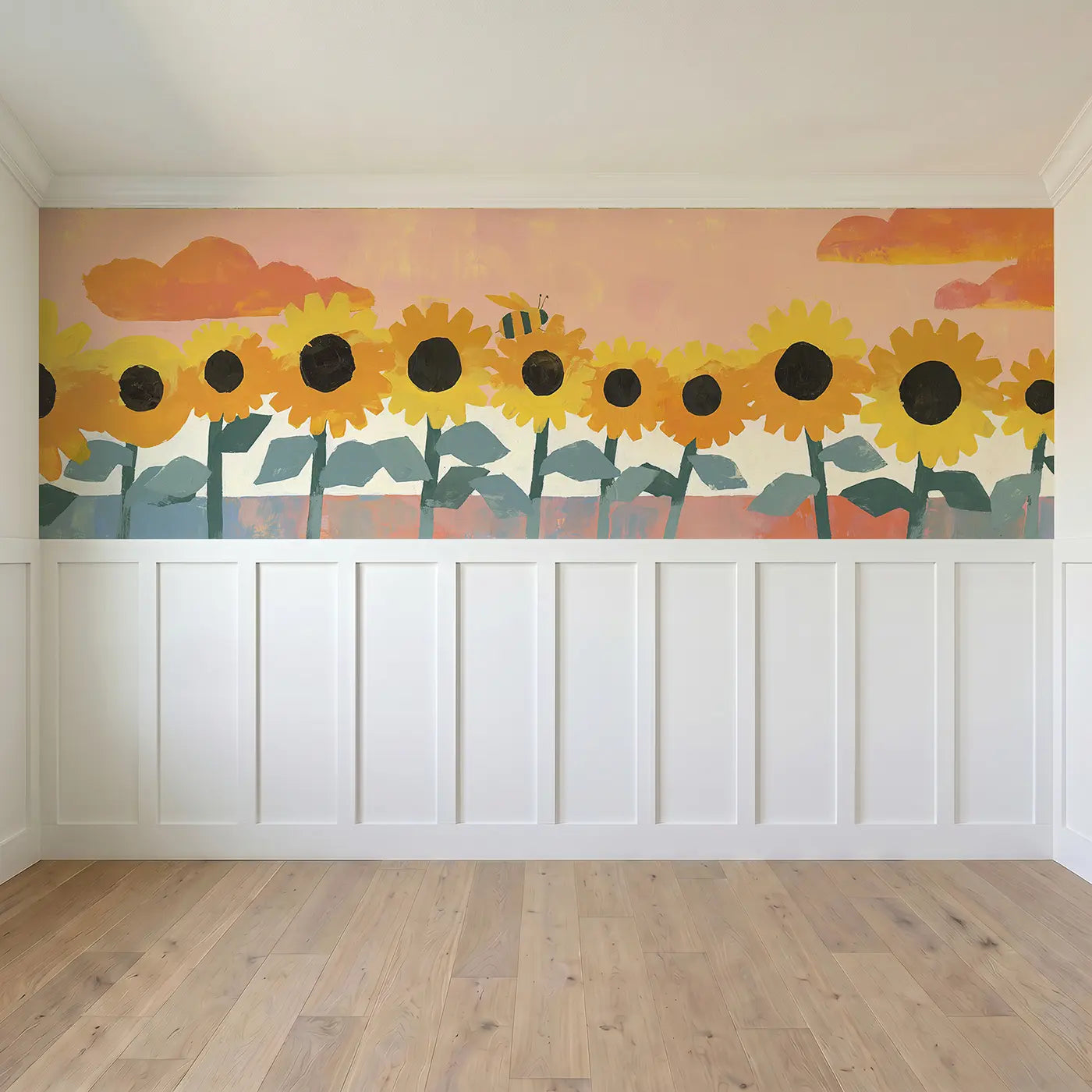 Full panel view of Graphic Sunflower Row Wainscoting Wallpaper by Whimsy Tots