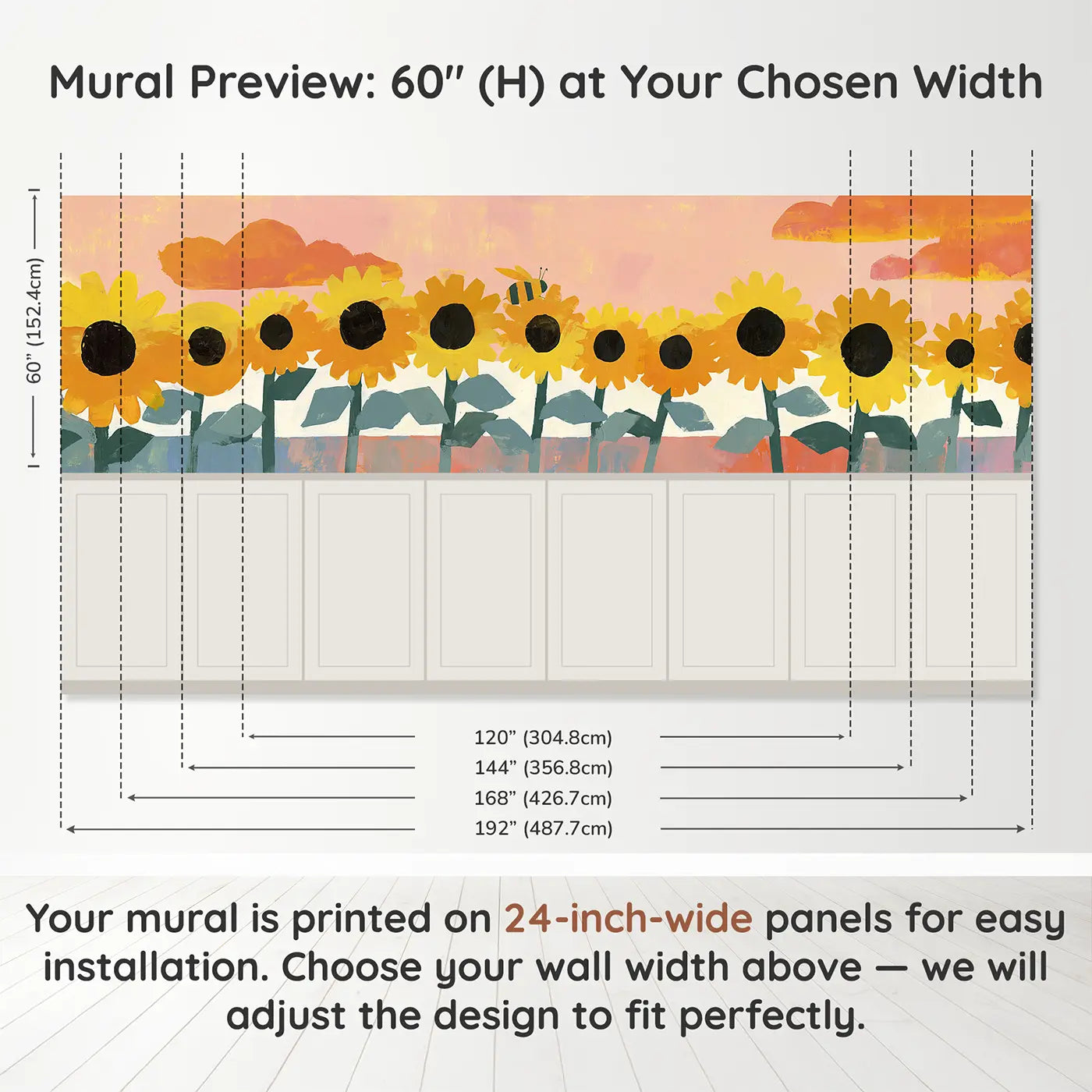 Panel dimensions for Graphic Sunflower Row Wainscoting Wallpaper by Whimsy Tots