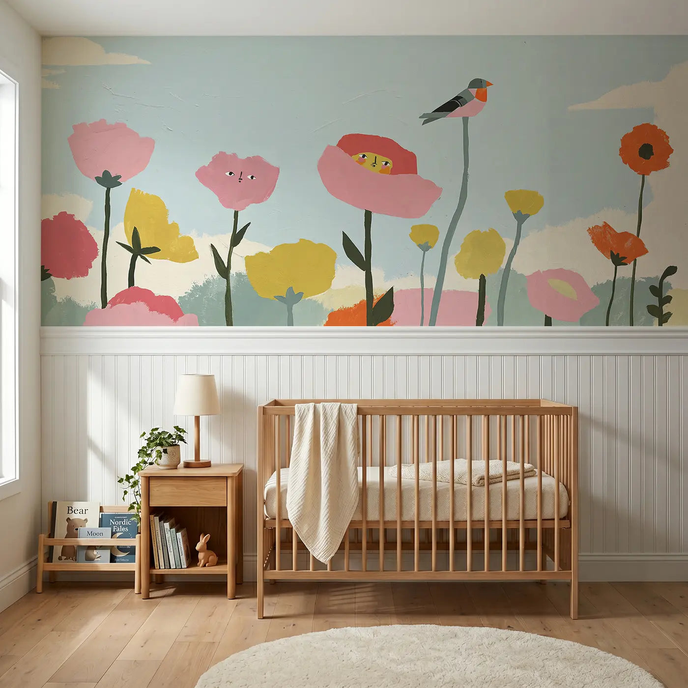 Modern Illustration Scandi wildflower meadow wainscoting wallpaper for nursery by Whimsy Tots