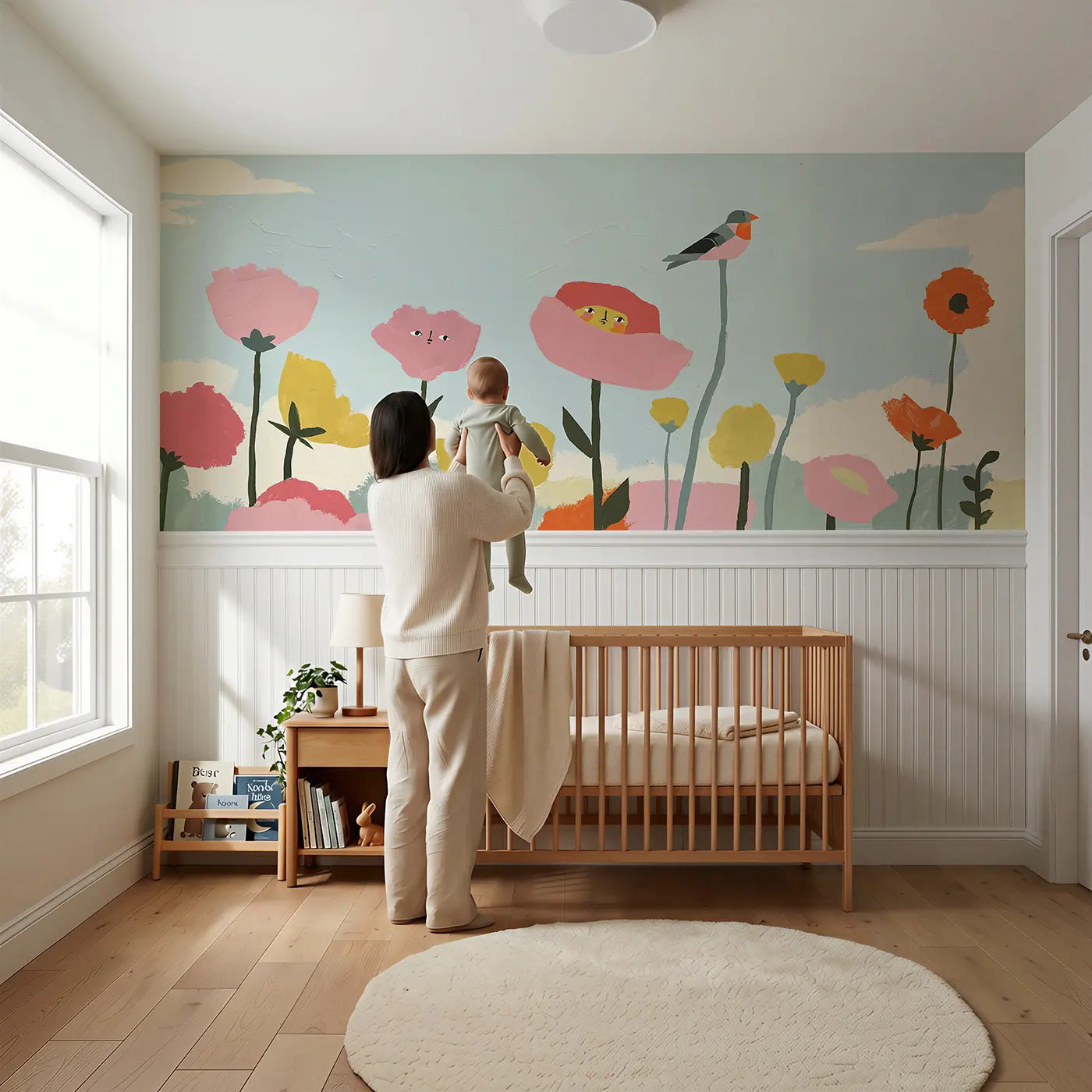 Child reading near Scandi Wildflower Meadow Wainscoting Wallpaper by Whimsy Tots