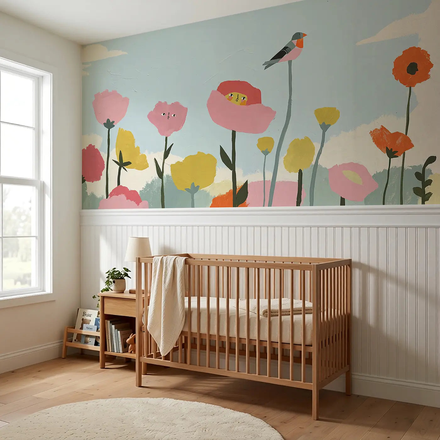 Scandi Wildflower Meadow Wainscoting Wallpaper styled in a kids bedroom by Whimsy Tots