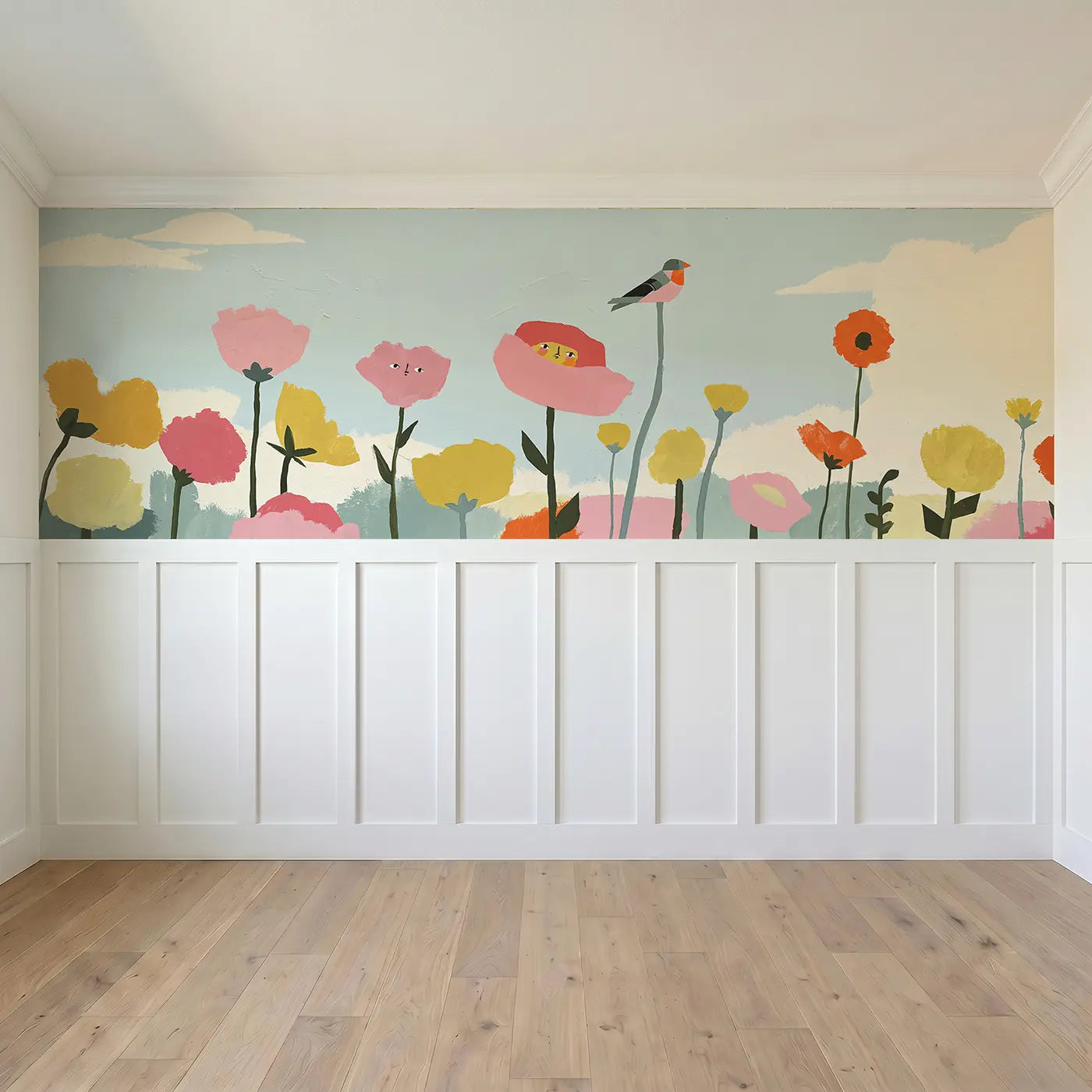 Full panel view of Scandi Wildflower Meadow Wainscoting Wallpaper by Whimsy Tots