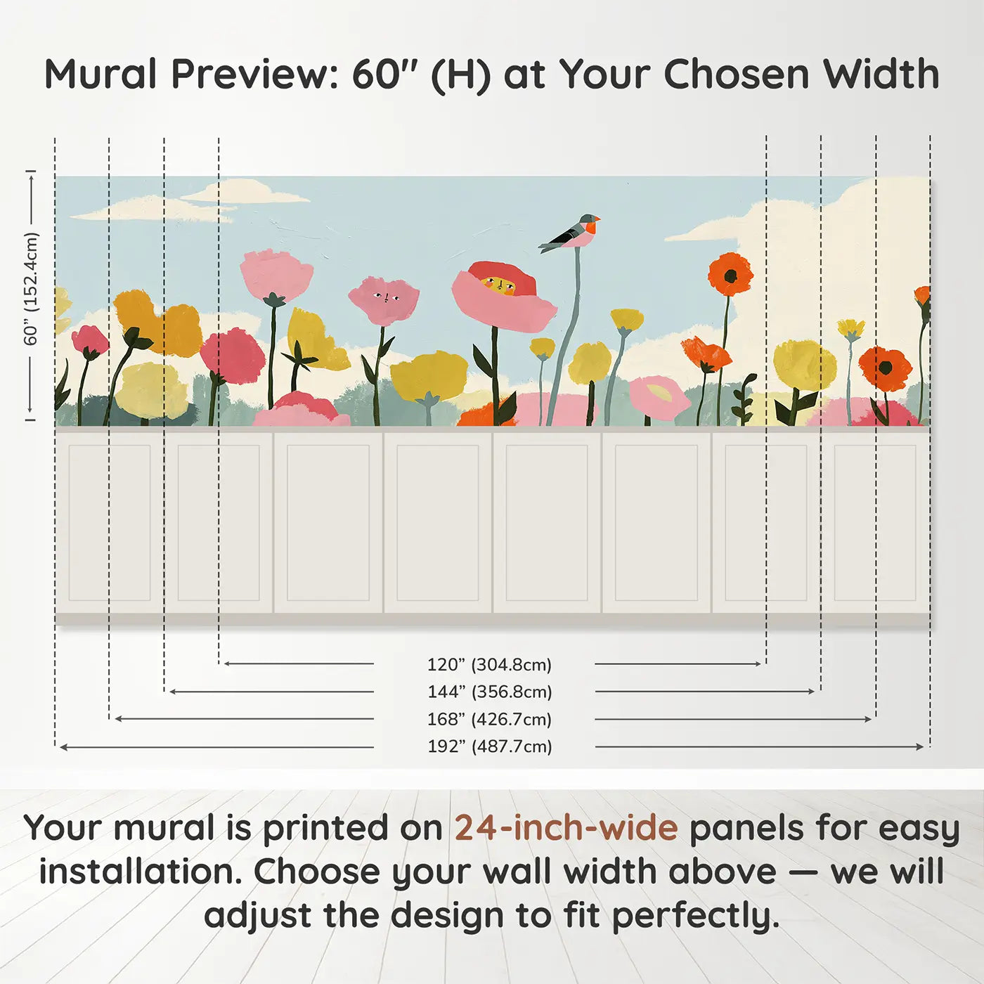 Panel dimensions for Scandi Wildflower Meadow Wainscoting Wallpaper by Whimsy Tots