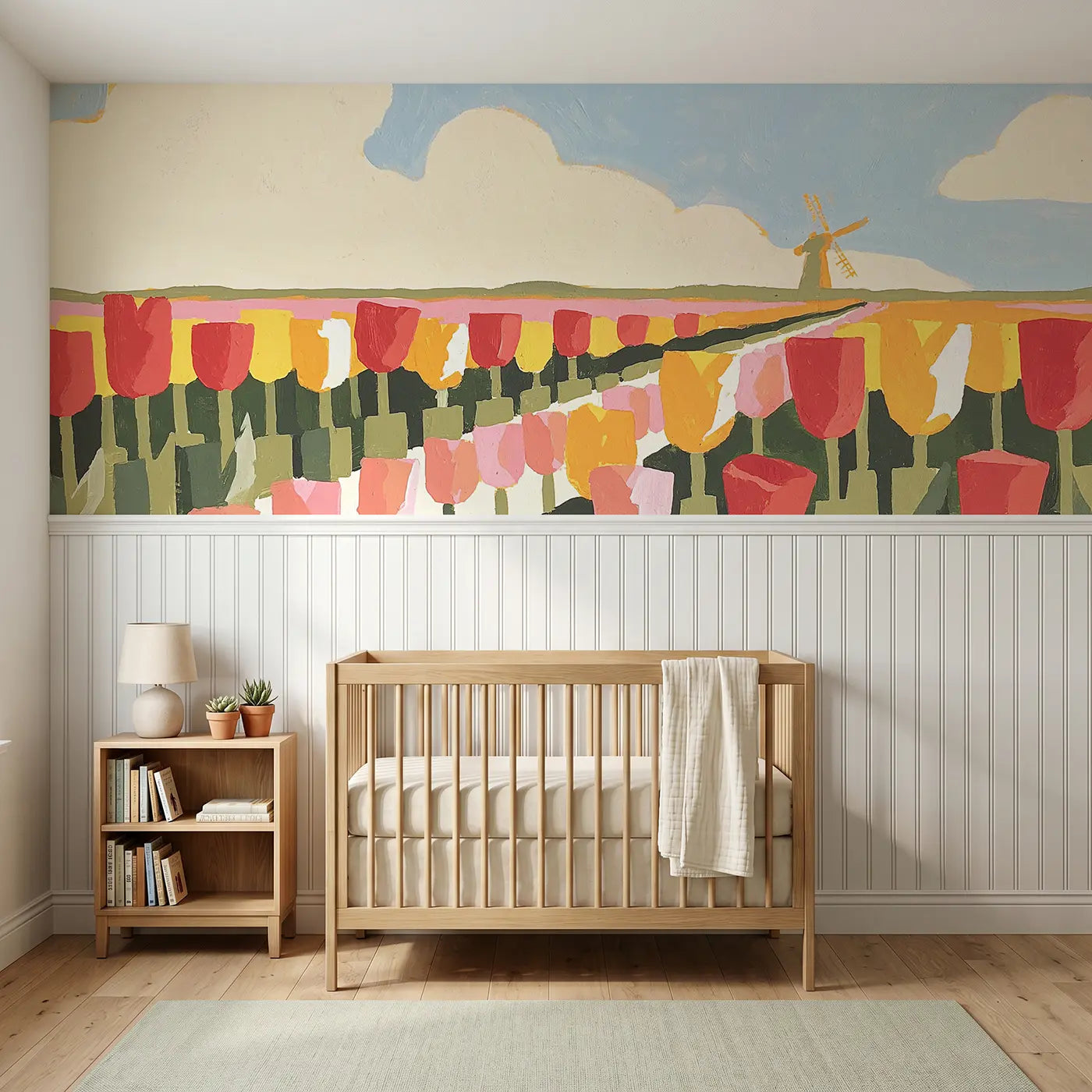 Modern Illustration flat tulip garden rows wainscoting wallpaper for nursery by Whimsy Tots