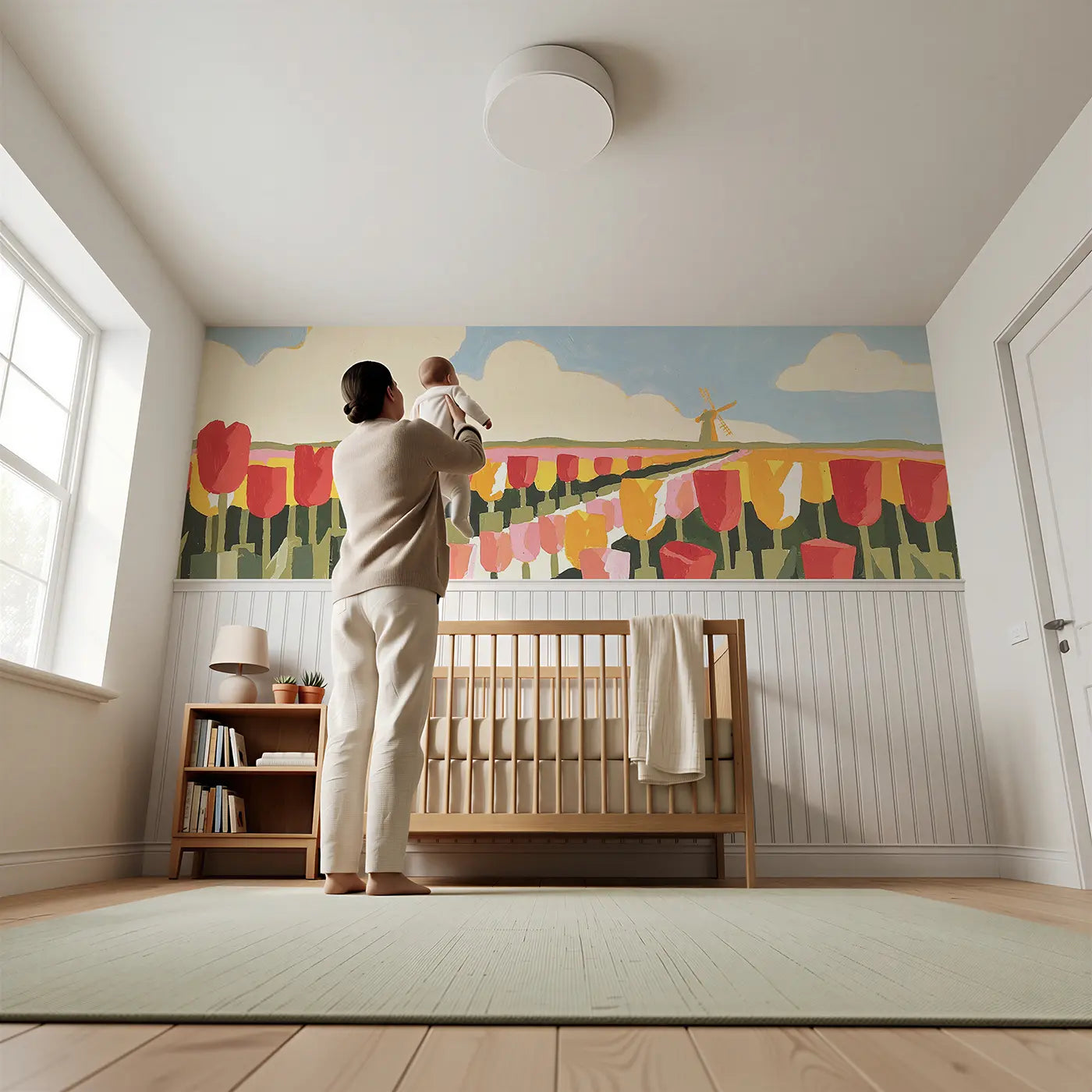 Child reading near Flat Tulip Garden Rows Wainscoting Wallpaper by Whimsy Tots