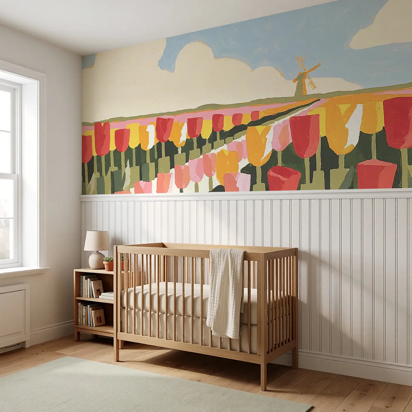 Flat Tulip Garden Rows Wainscoting Wallpaper styled in a kids bedroom by Whimsy Tots