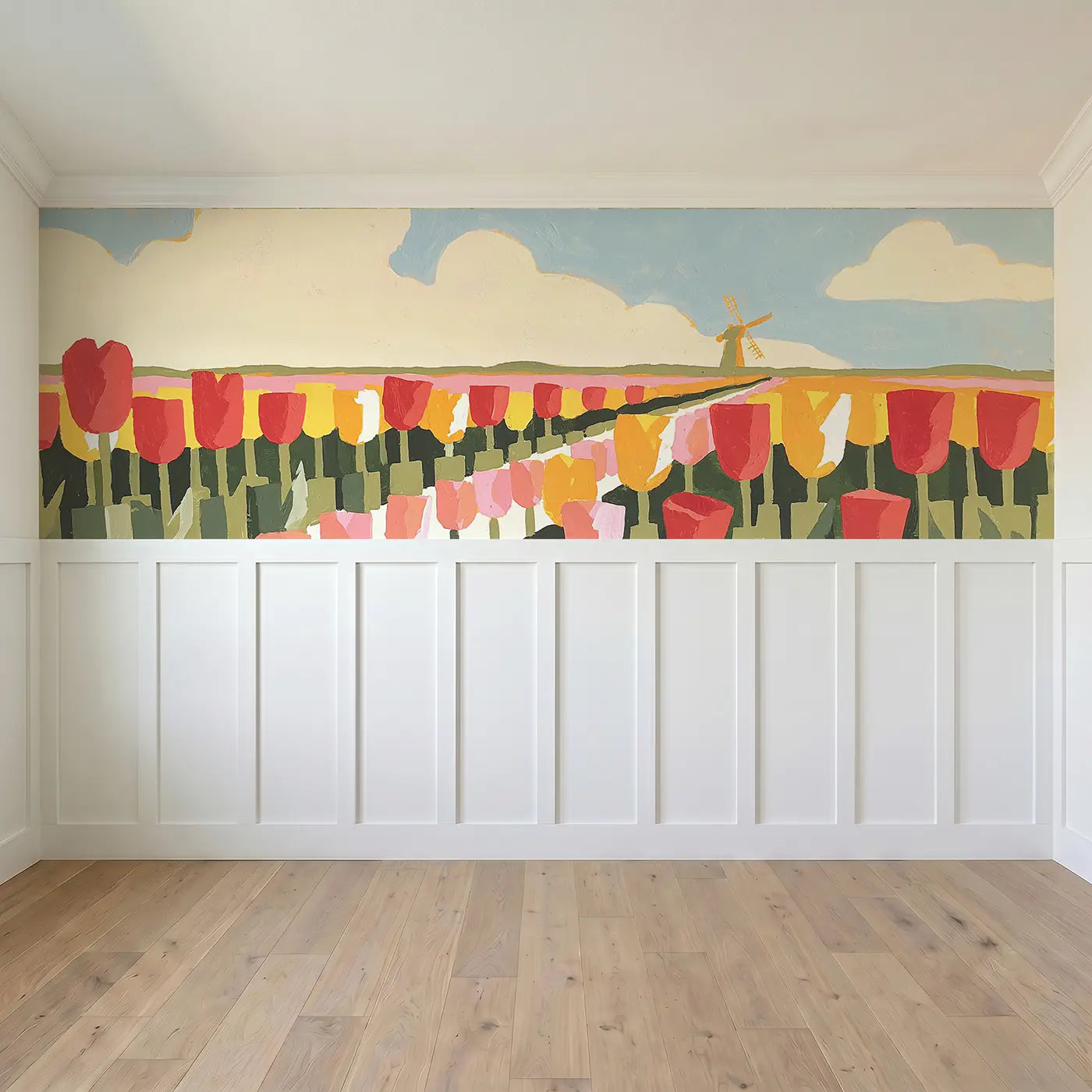 Full panel view of Flat Tulip Garden Rows Wainscoting Wallpaper by Whimsy Tots