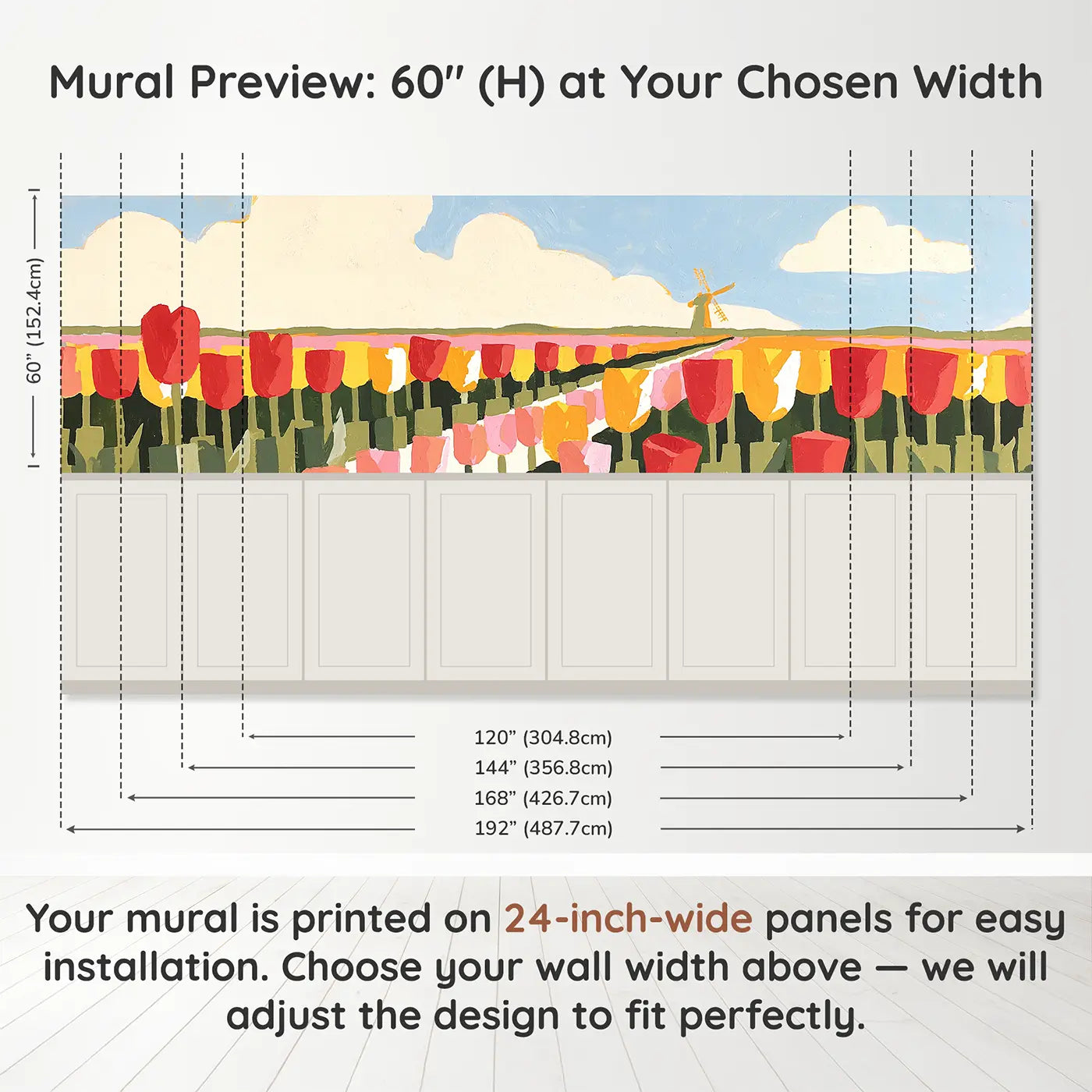 Panel dimensions for Flat Tulip Garden Rows Wainscoting Wallpaper by Whimsy Tots
