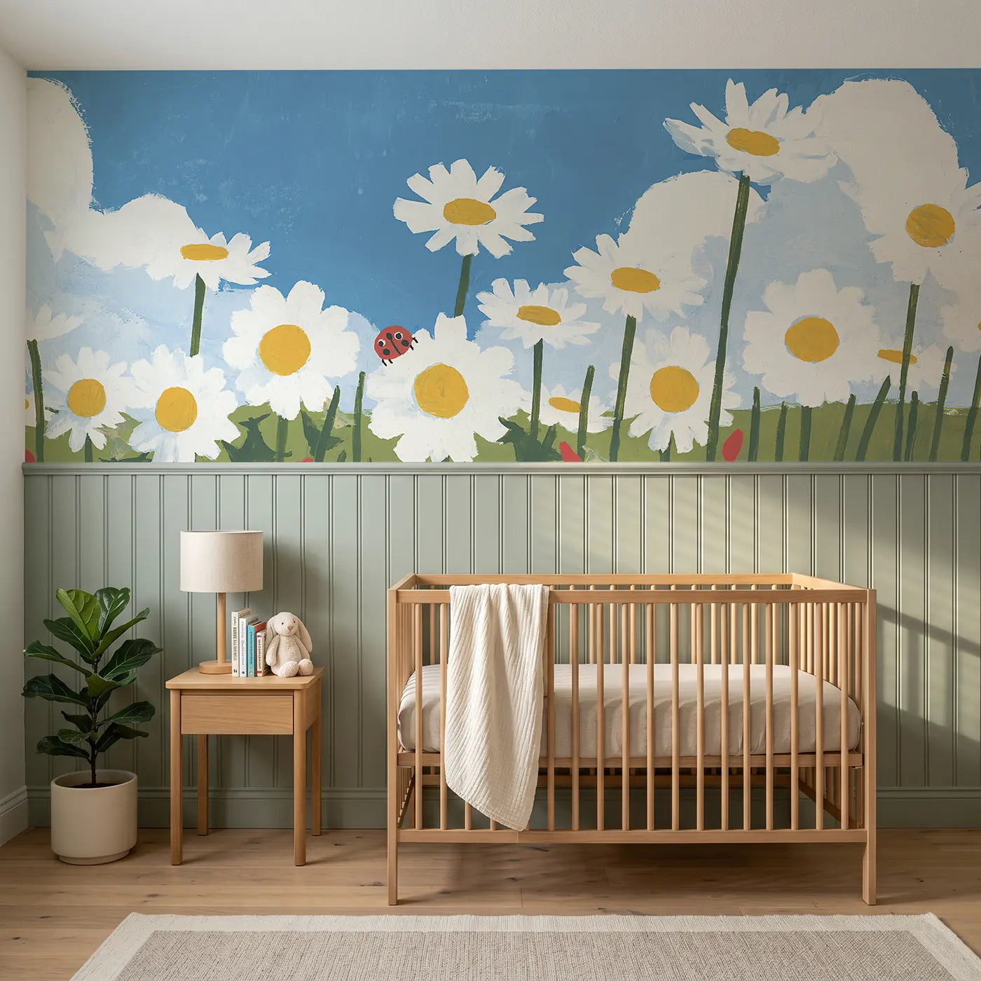 Modern Illustration daisy field cloud day wainscoting wallpaper for nursery by Whimsy Tots