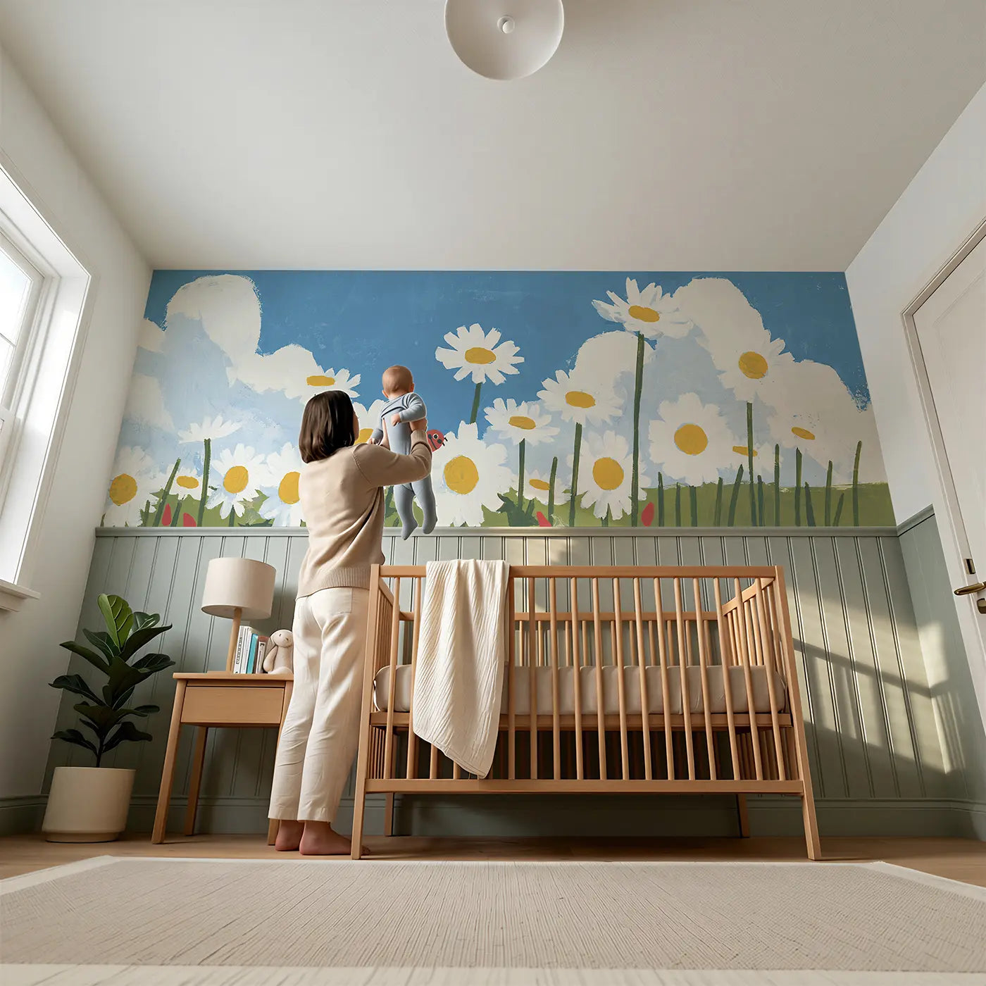 Child reading near Daisy Field Cloud Day Wainscoting Wallpaper by Whimsy Tots