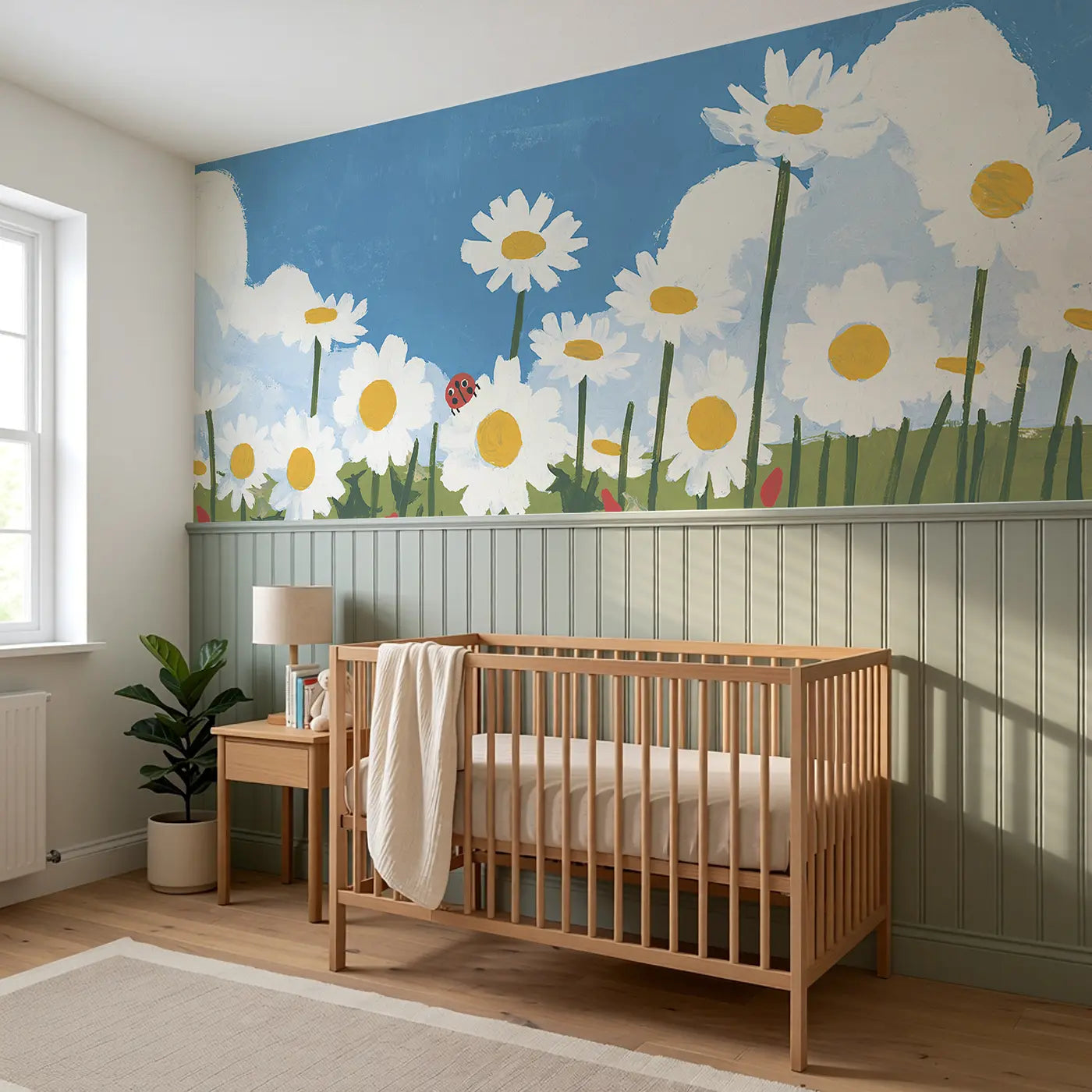 Daisy Field Cloud Day Wainscoting Wallpaper styled in a kids bedroom by Whimsy Tots