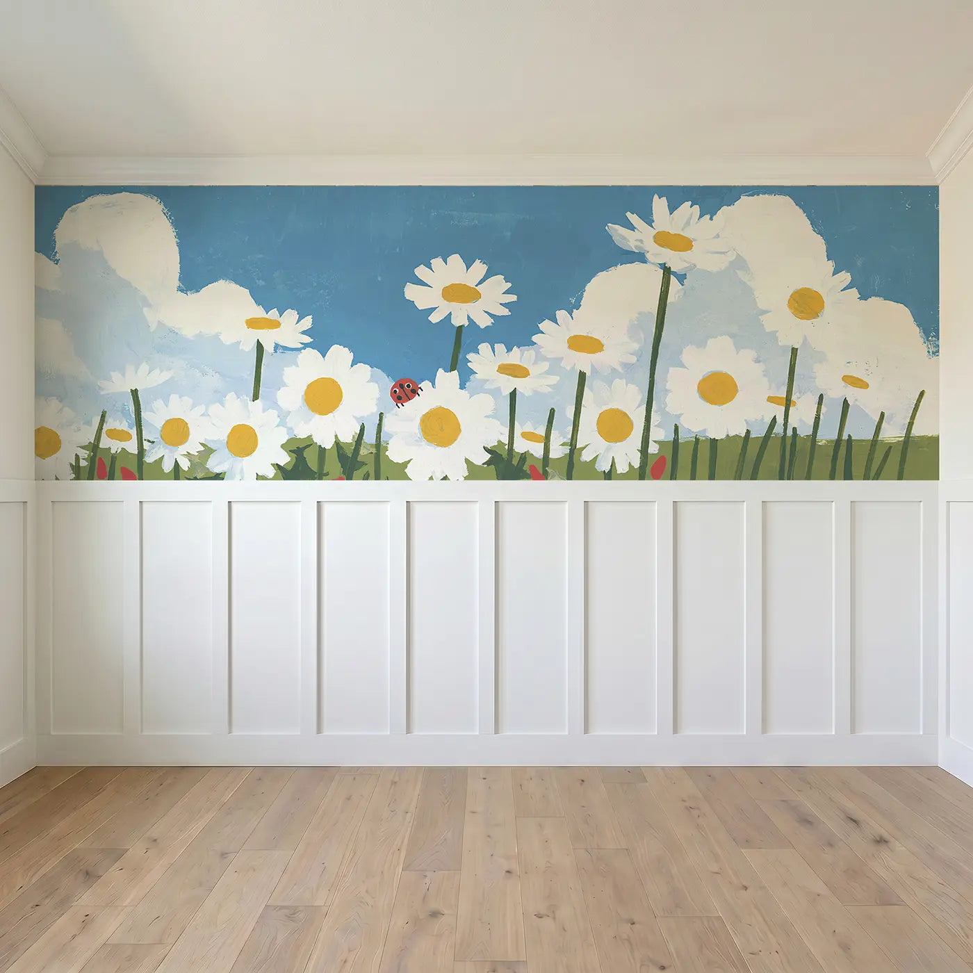 Full panel view of Daisy Field Cloud Day Wainscoting Wallpaper by Whimsy Tots