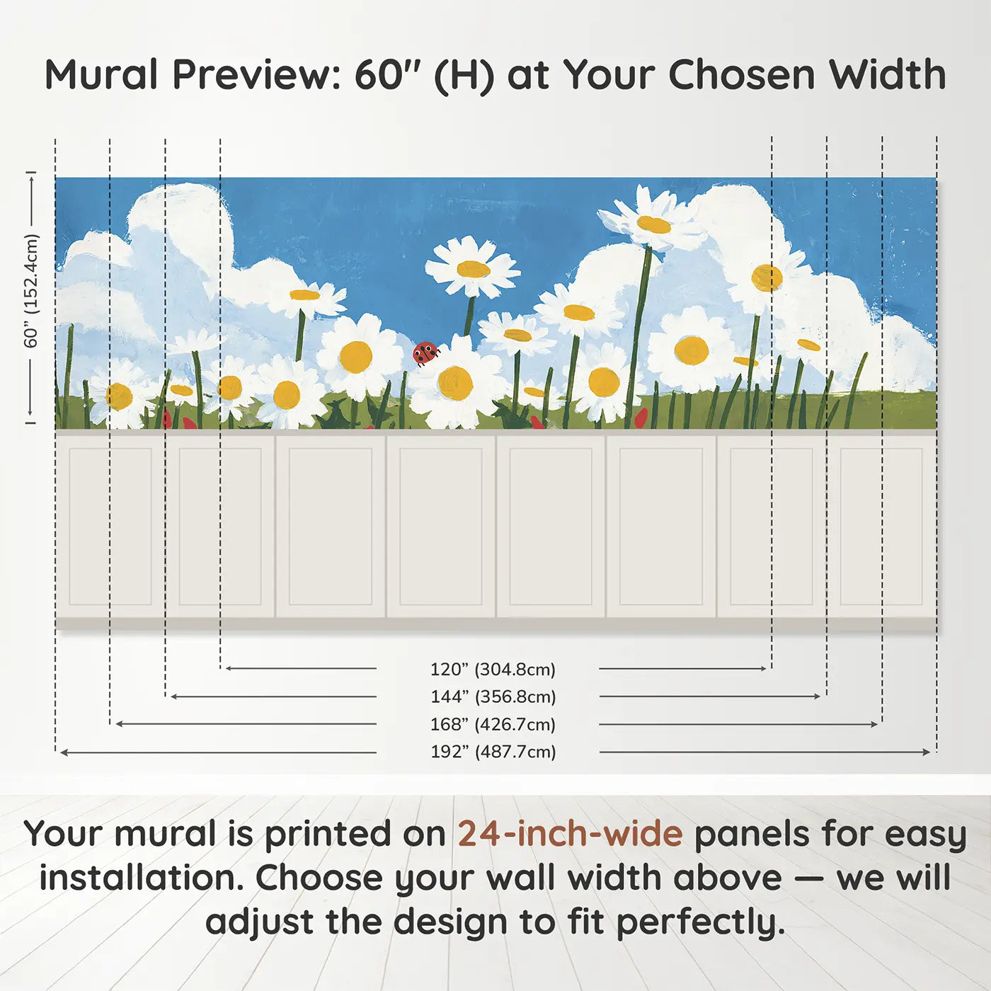 Panel dimensions for Daisy Field Cloud Day Wainscoting Wallpaper by Whimsy Tots