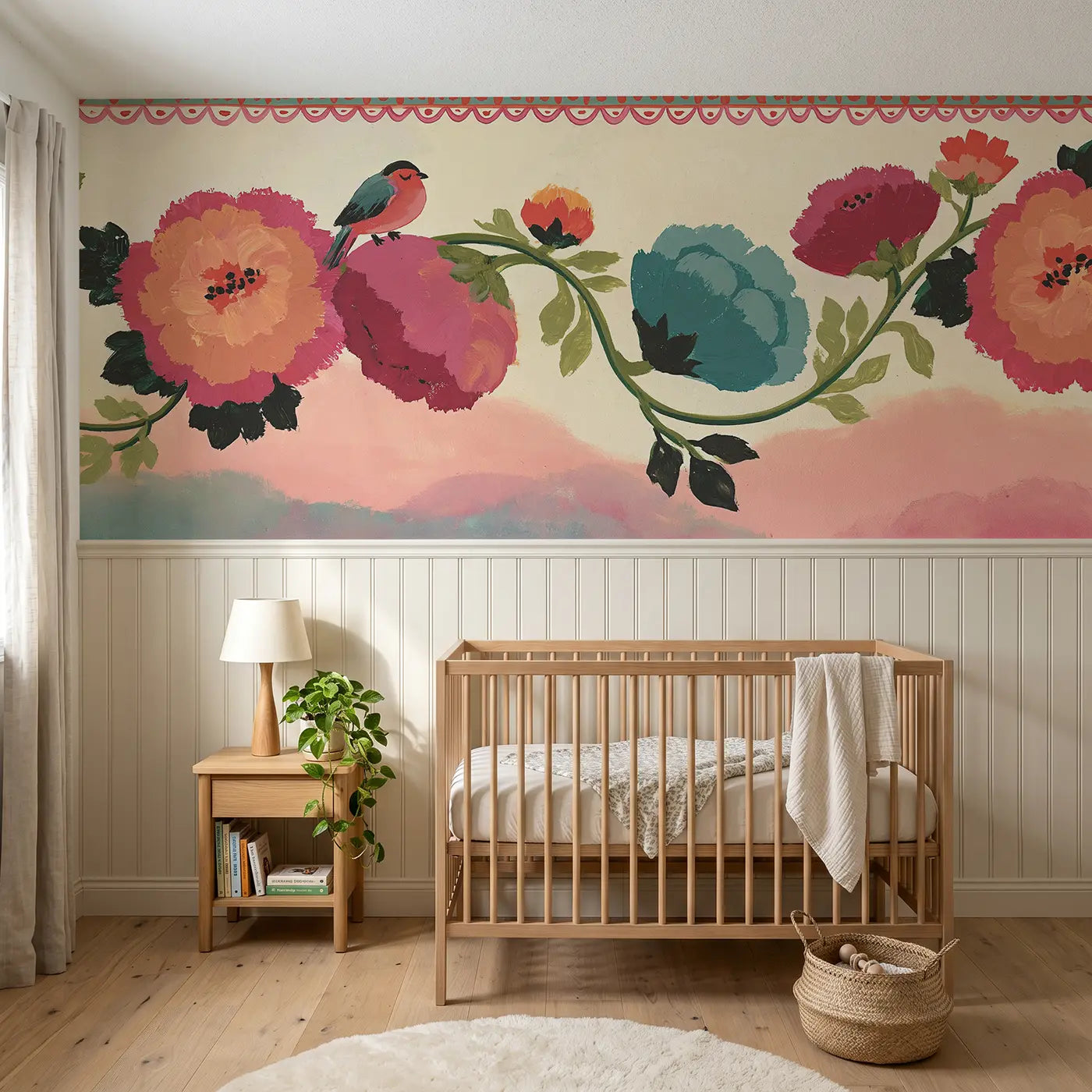 Modern Illustration folk art flower garland wainscoting wallpaper for nursery by Whimsy Tots