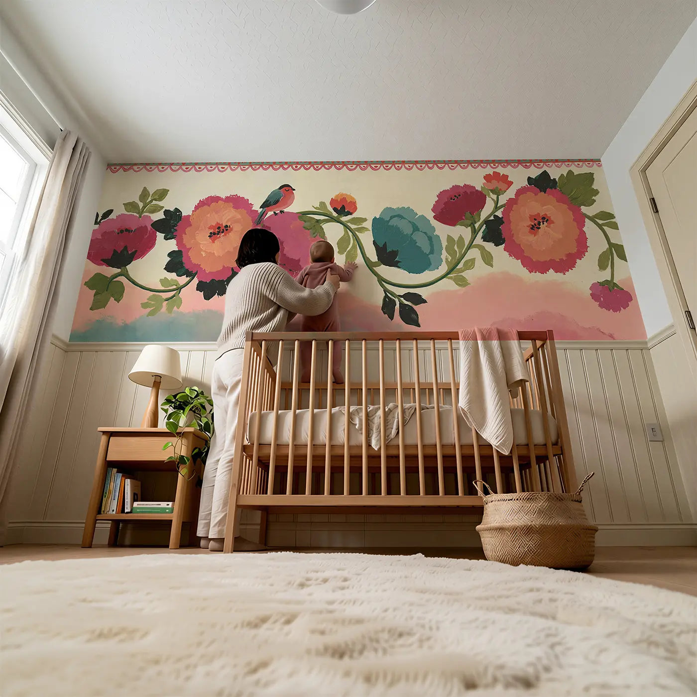 Child reading near Folk Art Flower Garland Wainscoting Wallpaper by Whimsy Tots