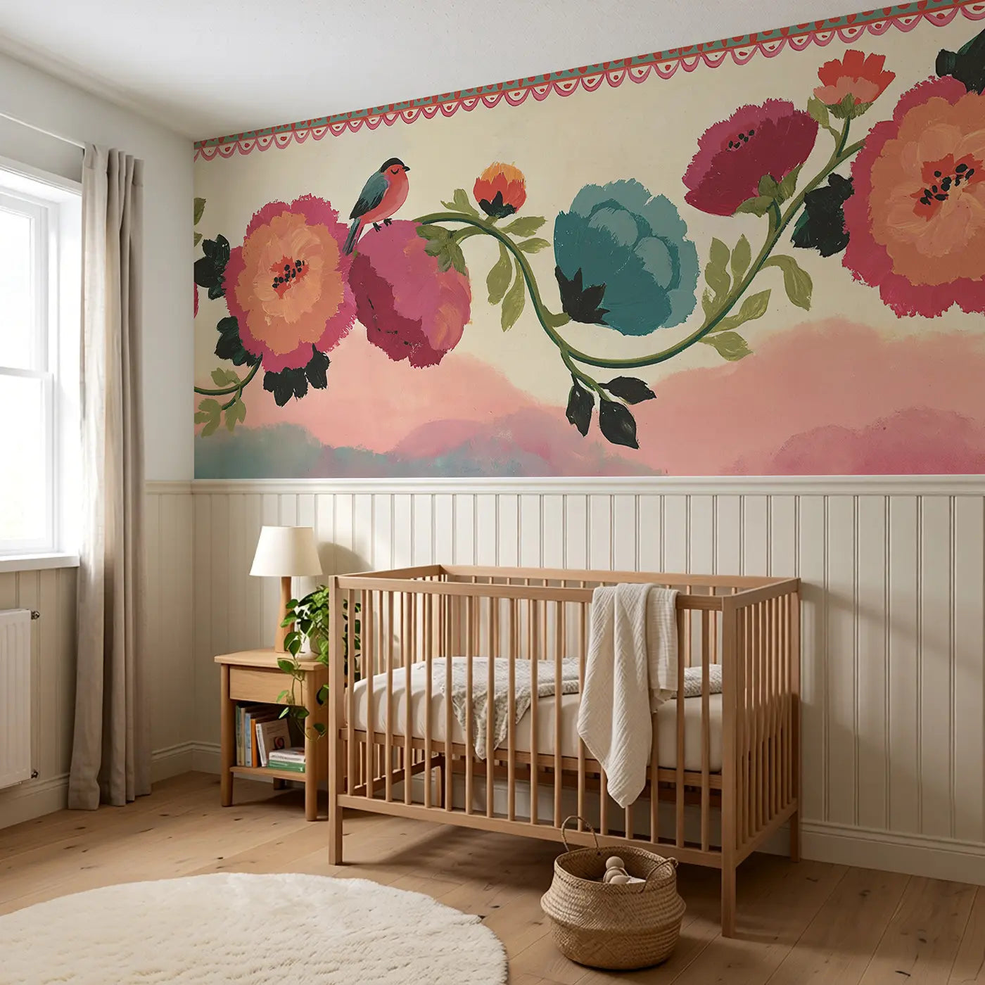 Folk Art Flower Garland Wainscoting Wallpaper styled in a kids bedroom by Whimsy Tots