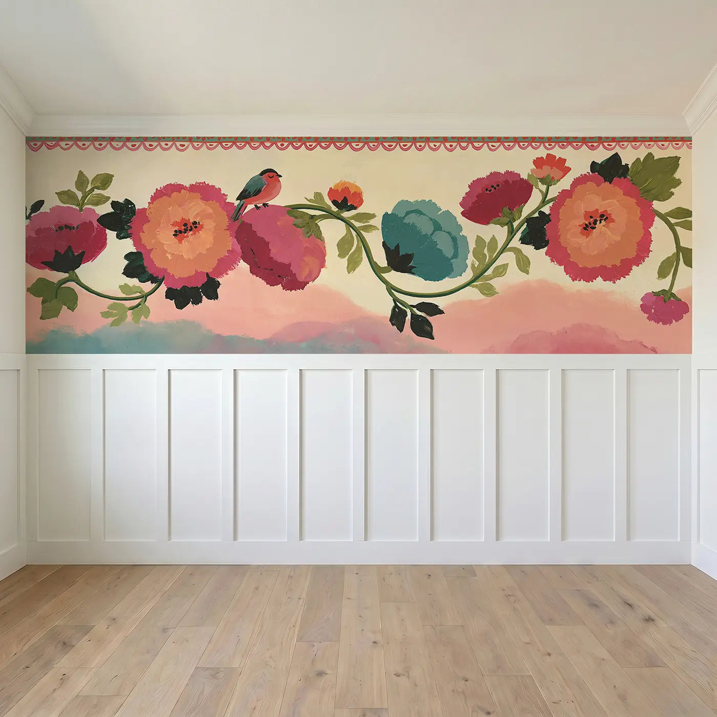 Full panel view of Folk Art Flower Garland Wainscoting Wallpaper by Whimsy Tots