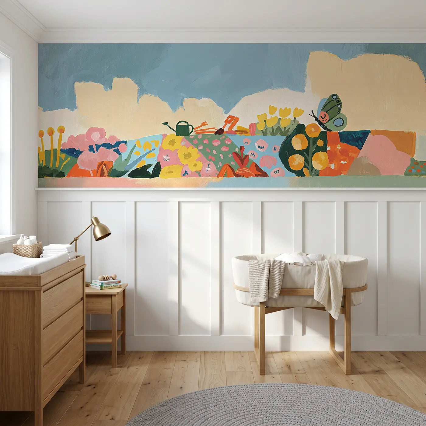 Modern Illustration geometric garden patch wainscoting wallpaper for nursery by Whimsy Tots