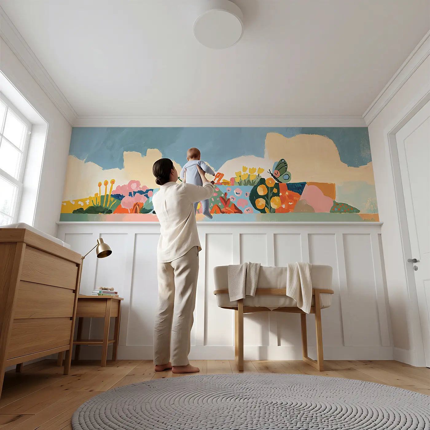 Child reading near Geometric Garden Patch Wainscoting Wallpaper by Whimsy Tots
