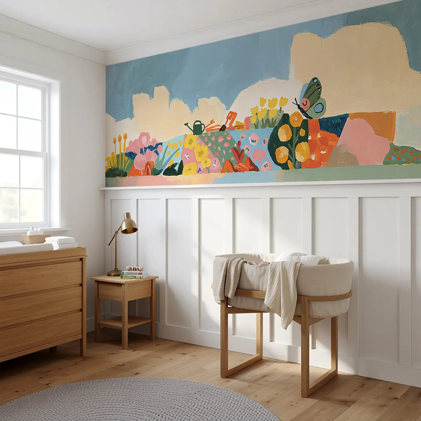 Geometric Garden Patch Wainscoting Wallpaper styled in a kids bedroom by Whimsy Tots