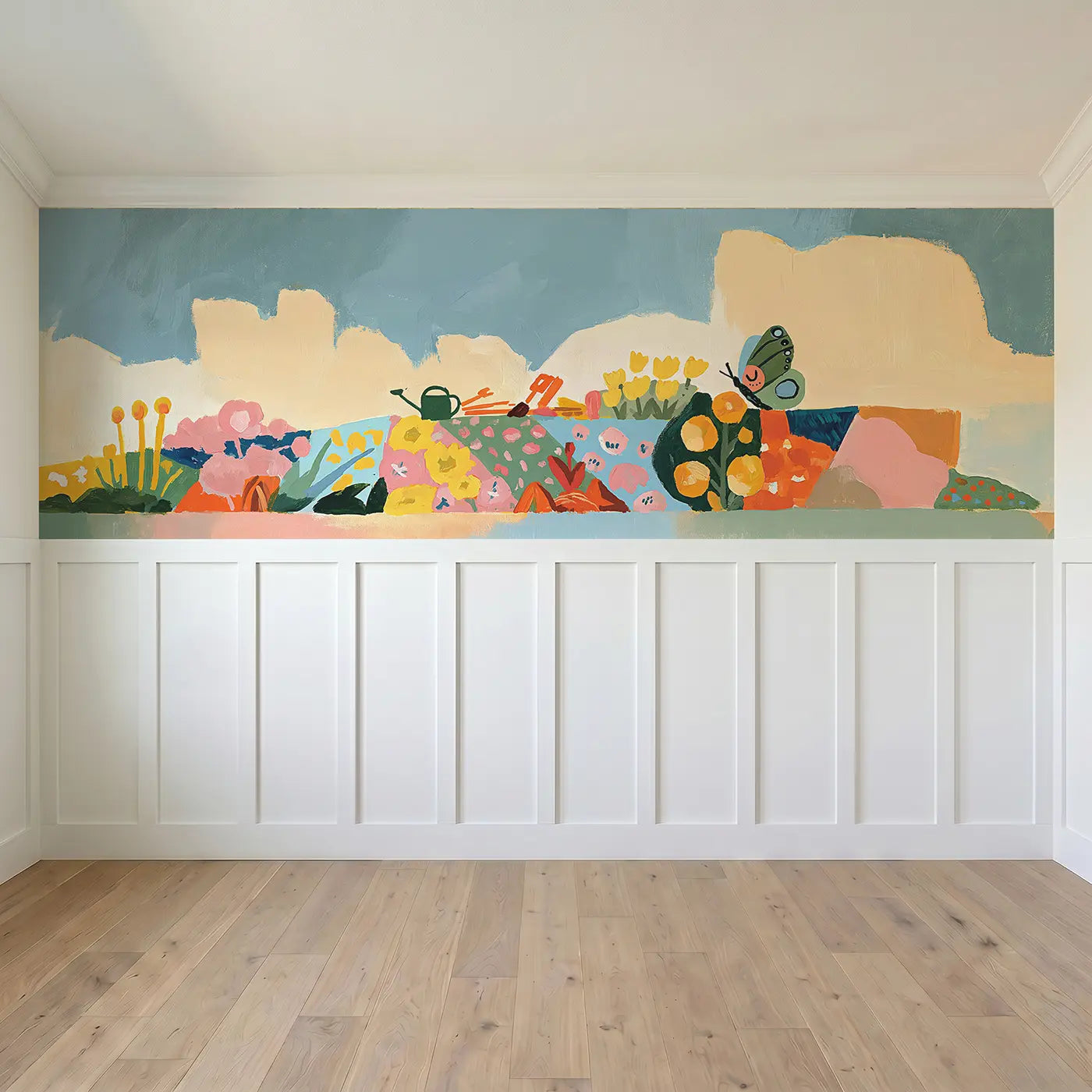 Full panel view of Geometric Garden Patch Wainscoting Wallpaper by Whimsy Tots