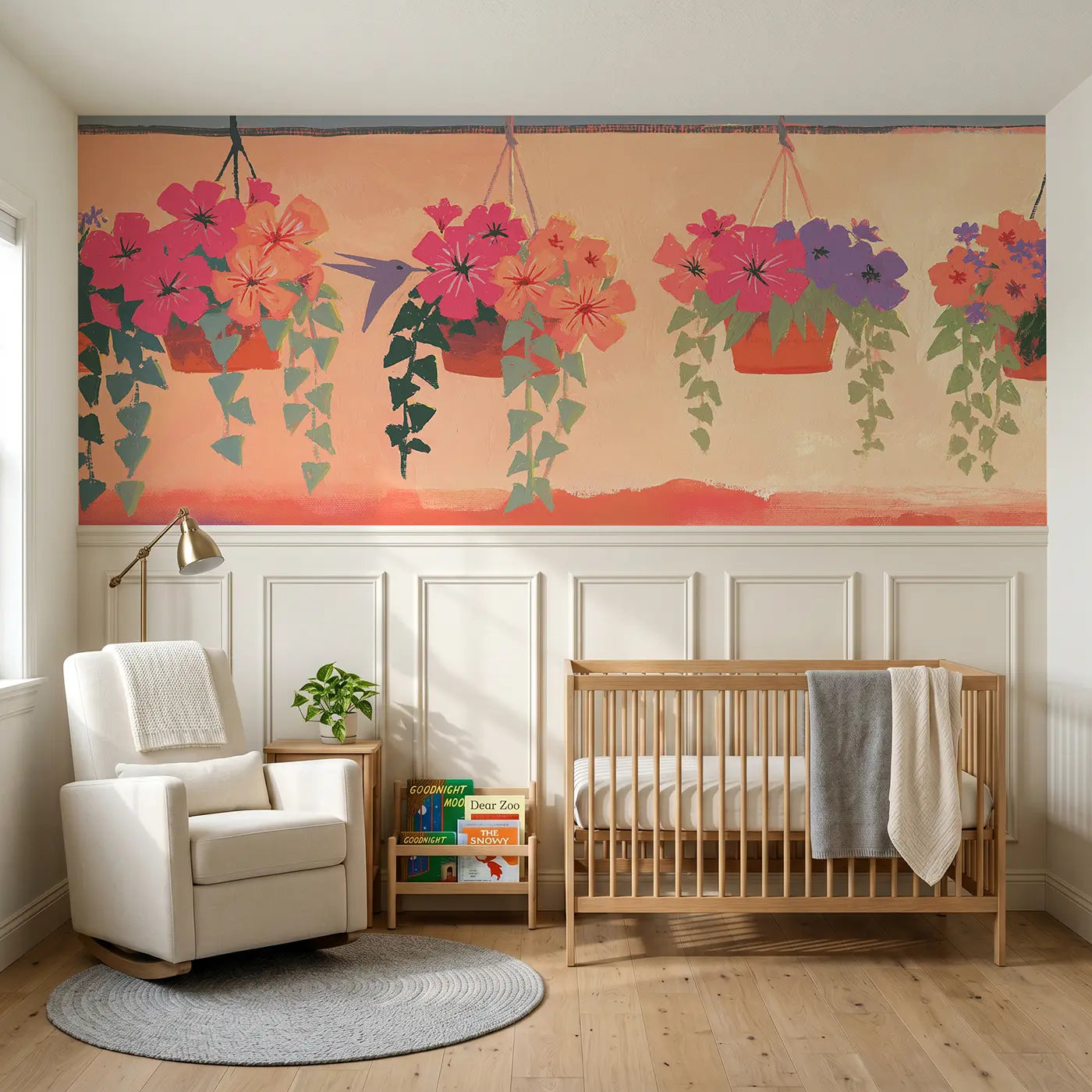Modern Illustration hanging basket bloom row wainscoting wallpaper for nursery by Whimsy Tots