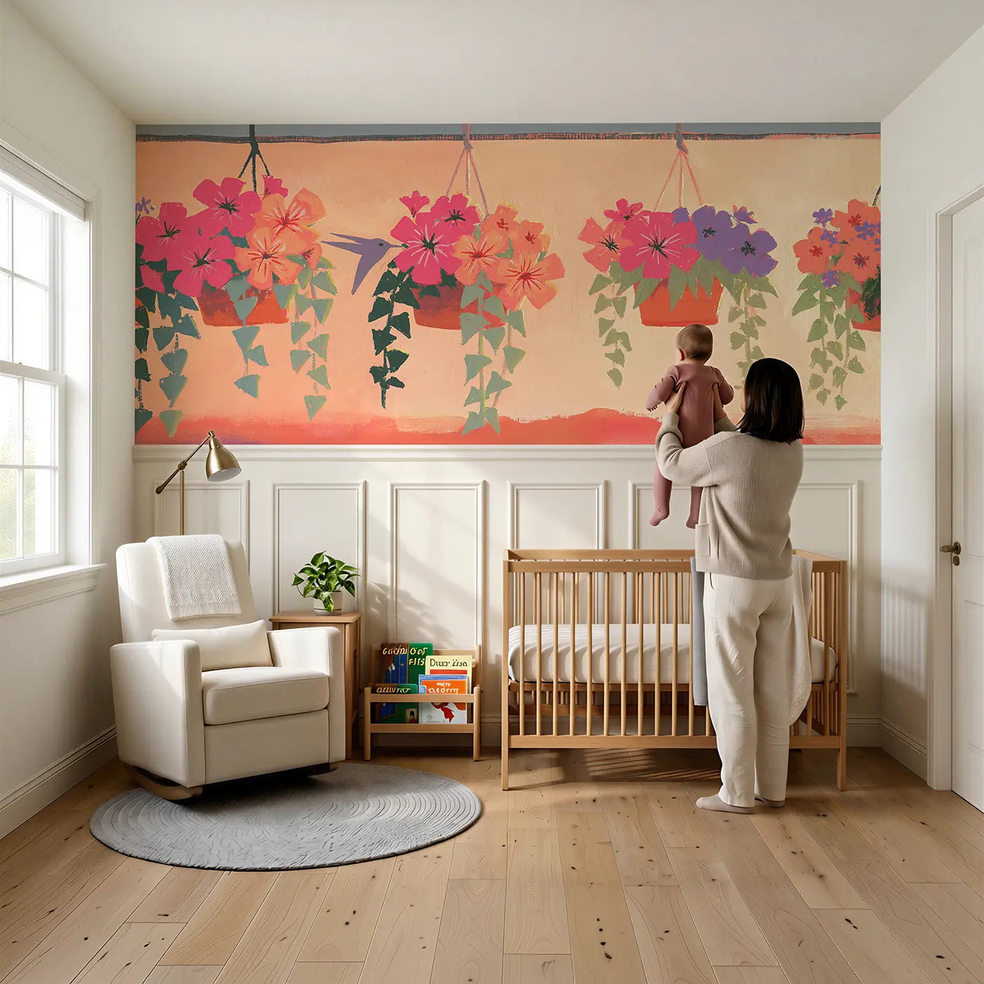 Child reading near Hanging Basket Bloom Row Wainscoting Wallpaper by Whimsy Tots