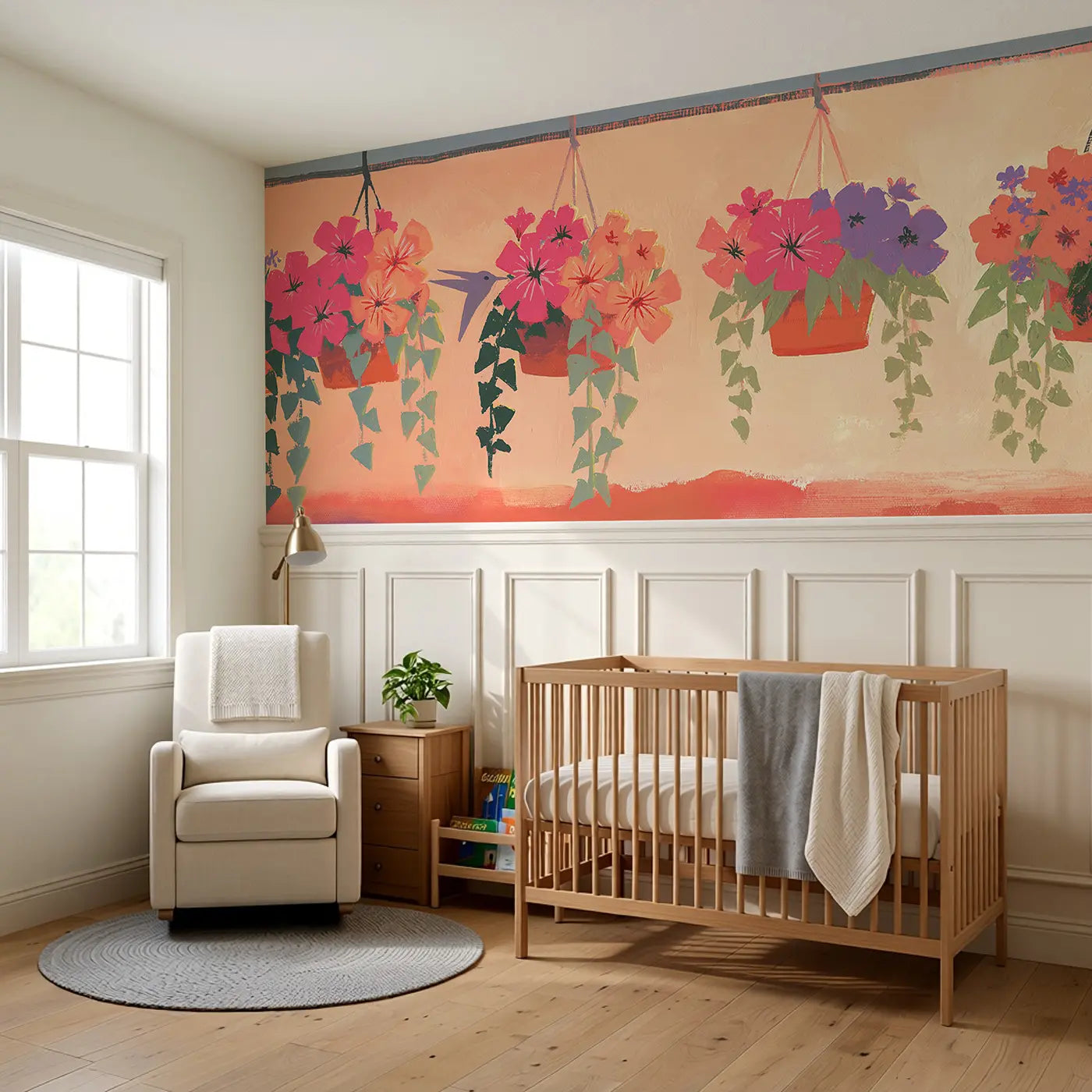 Hanging Basket Bloom Row Wainscoting Wallpaper styled in a kids bedroom by Whimsy Tots