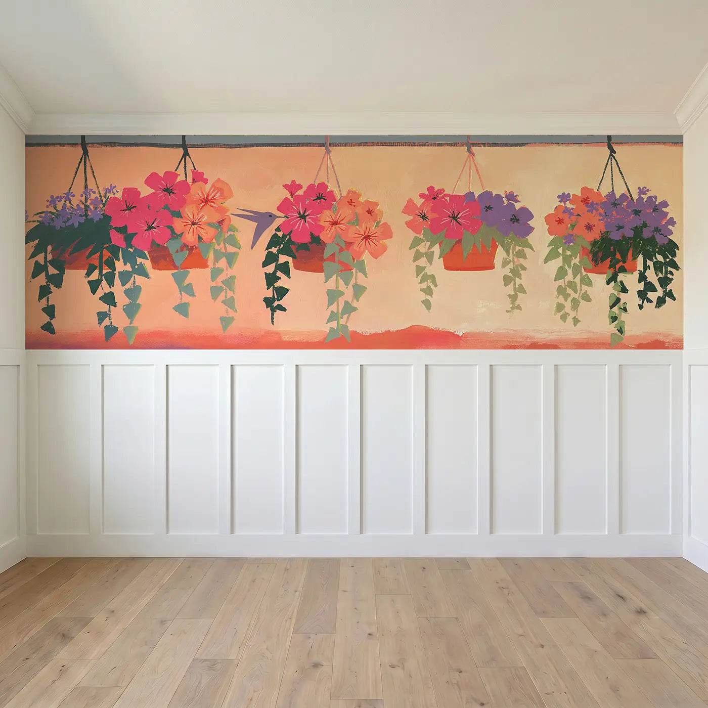 Full panel view of Hanging Basket Bloom Row Wainscoting Wallpaper by Whimsy Tots