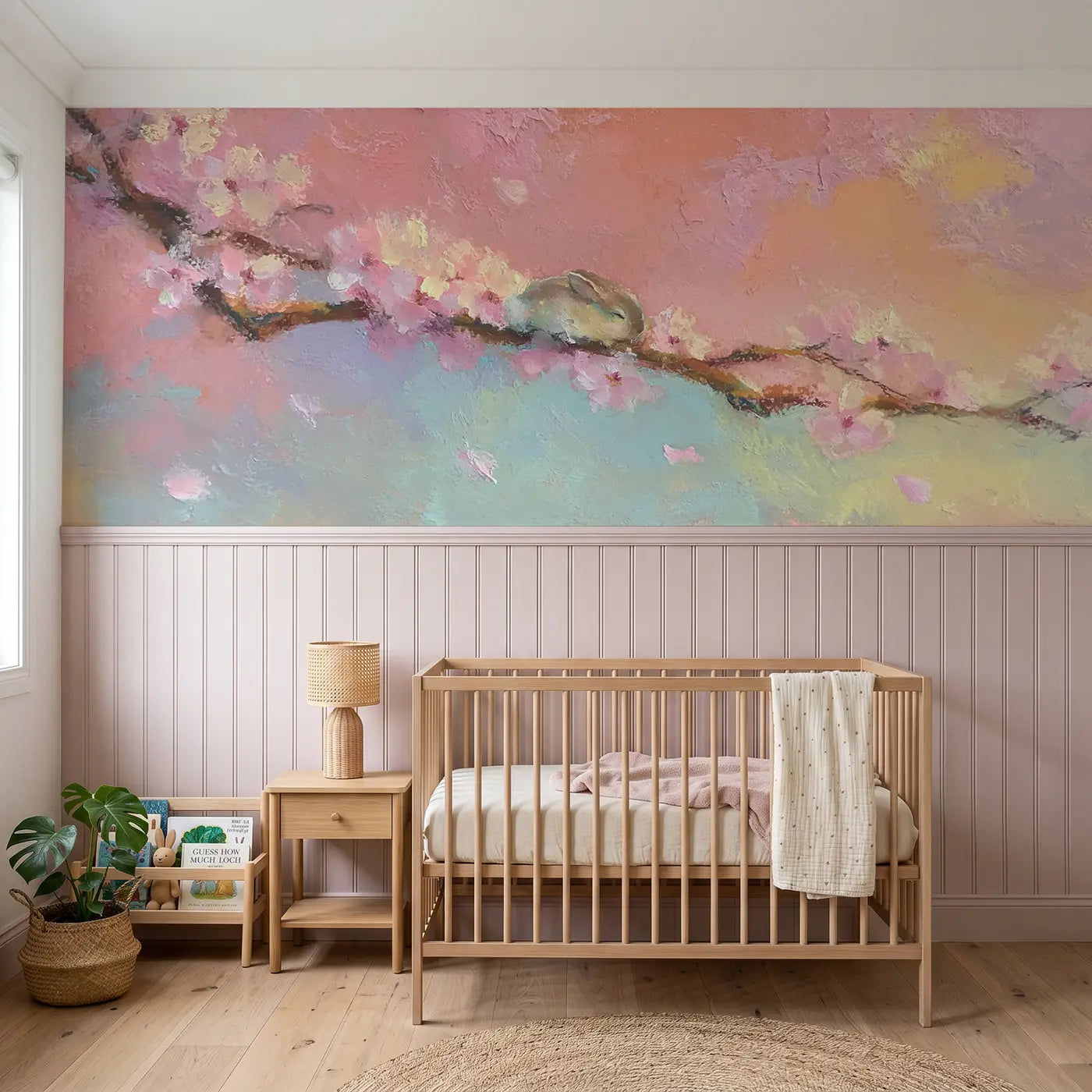 Soft Pastel sleepy bunny blossom branch wainscoting wallpaper for nursery by Whimsy Tots