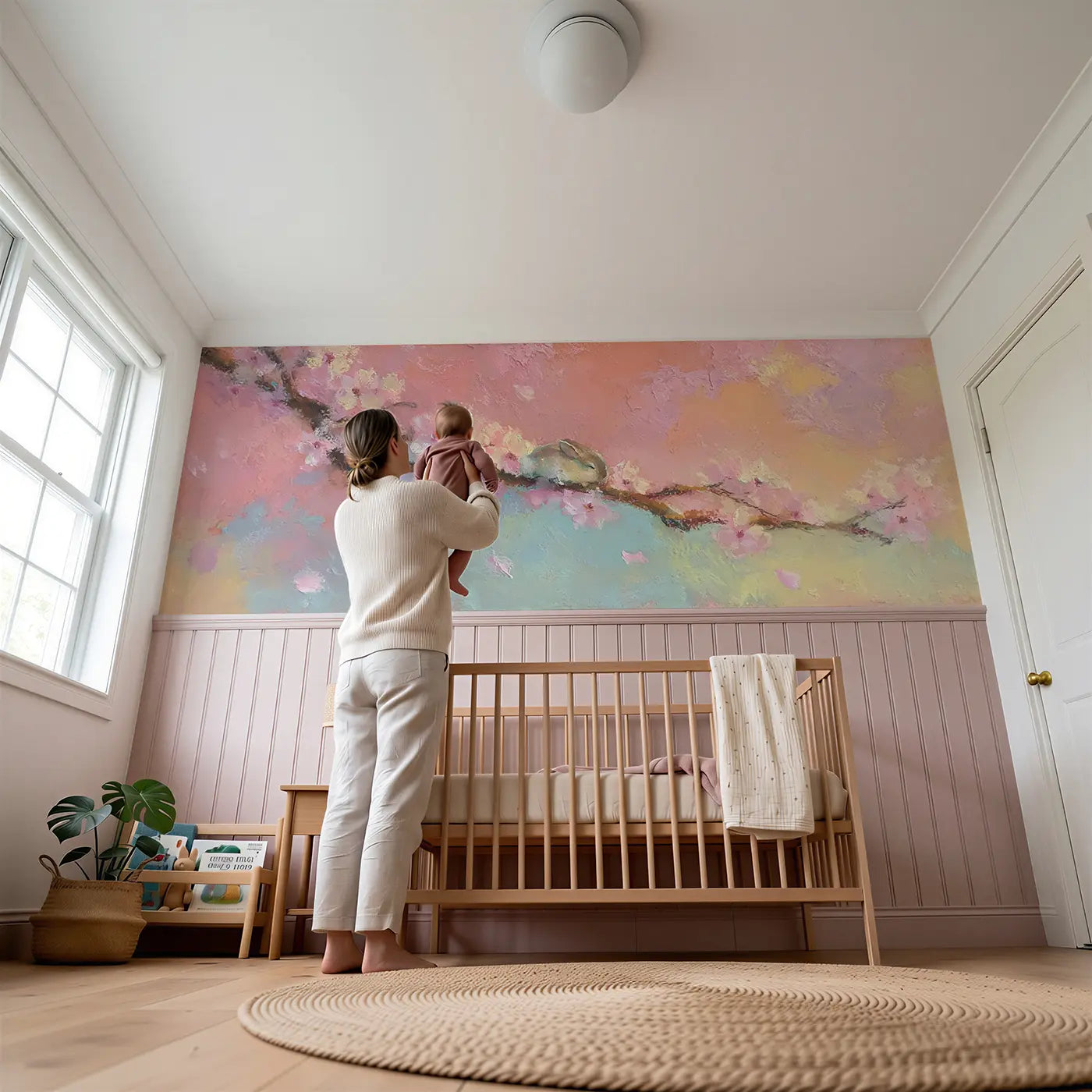 Child reading near Sleepy Bunny Blossom Branch Wainscoting Wallpaper by Whimsy Tots