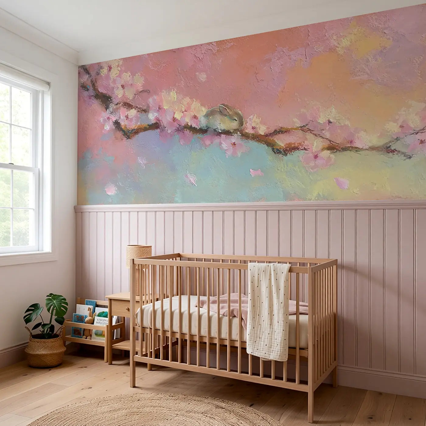 Sleepy Bunny Blossom Branch Wainscoting Wallpaper styled in a kids bedroom by Whimsy Tots