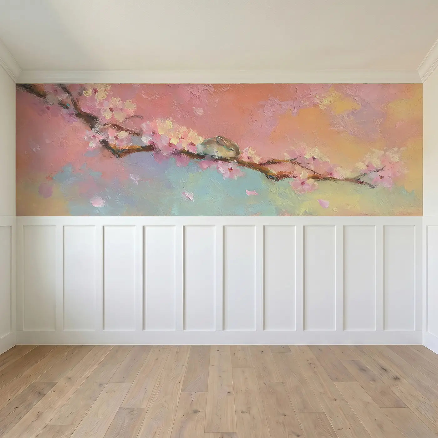 Full panel view of Sleepy Bunny Blossom Branch Wainscoting Wallpaper by Whimsy Tots