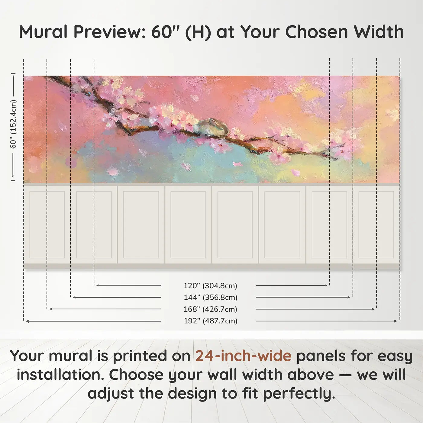 Panel dimensions for Sleepy Bunny Blossom Branch Wainscoting Wallpaper by Whimsy Tots