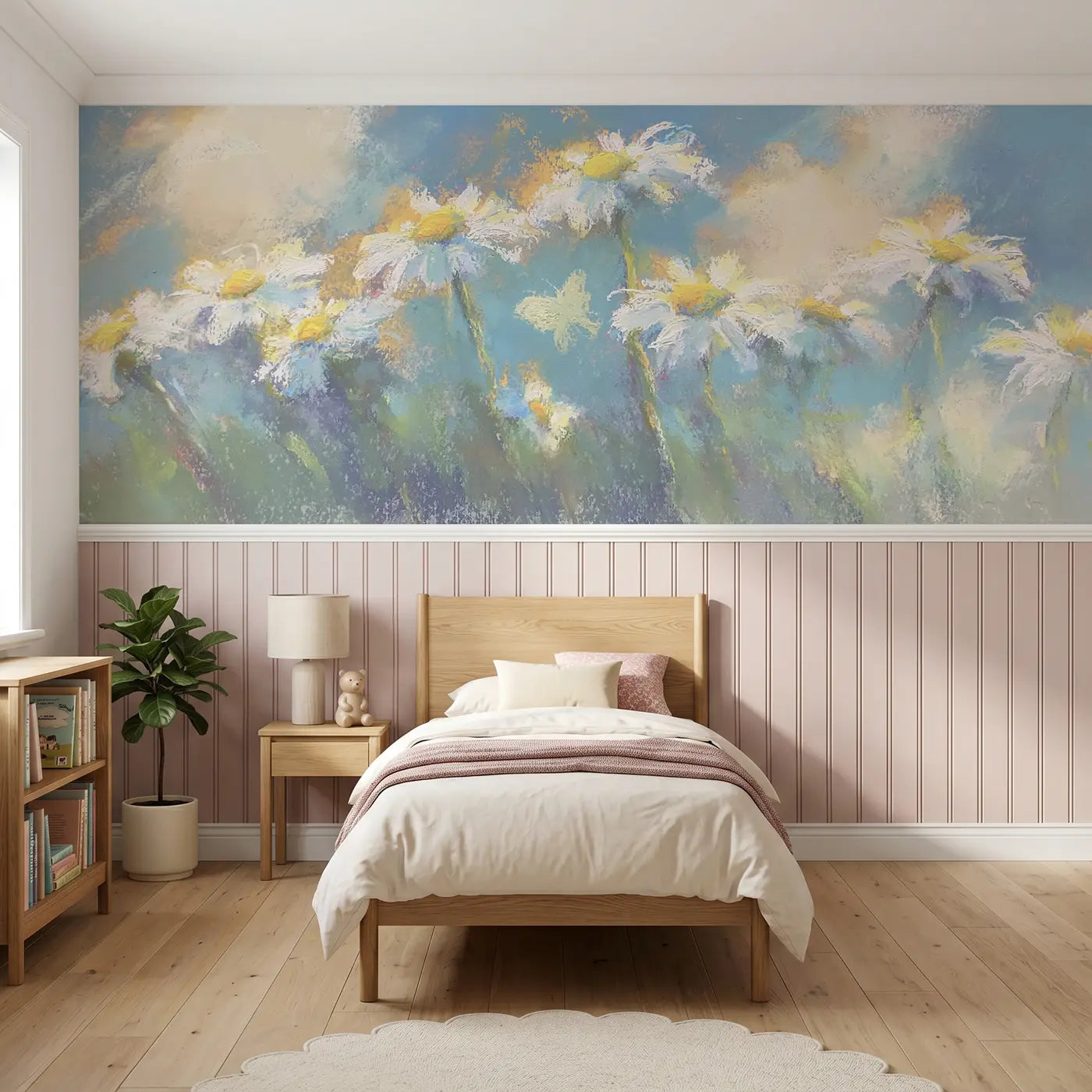 Soft Pastel daisy meadow glow wainscoting wallpaper for nursery by Whimsy Tots