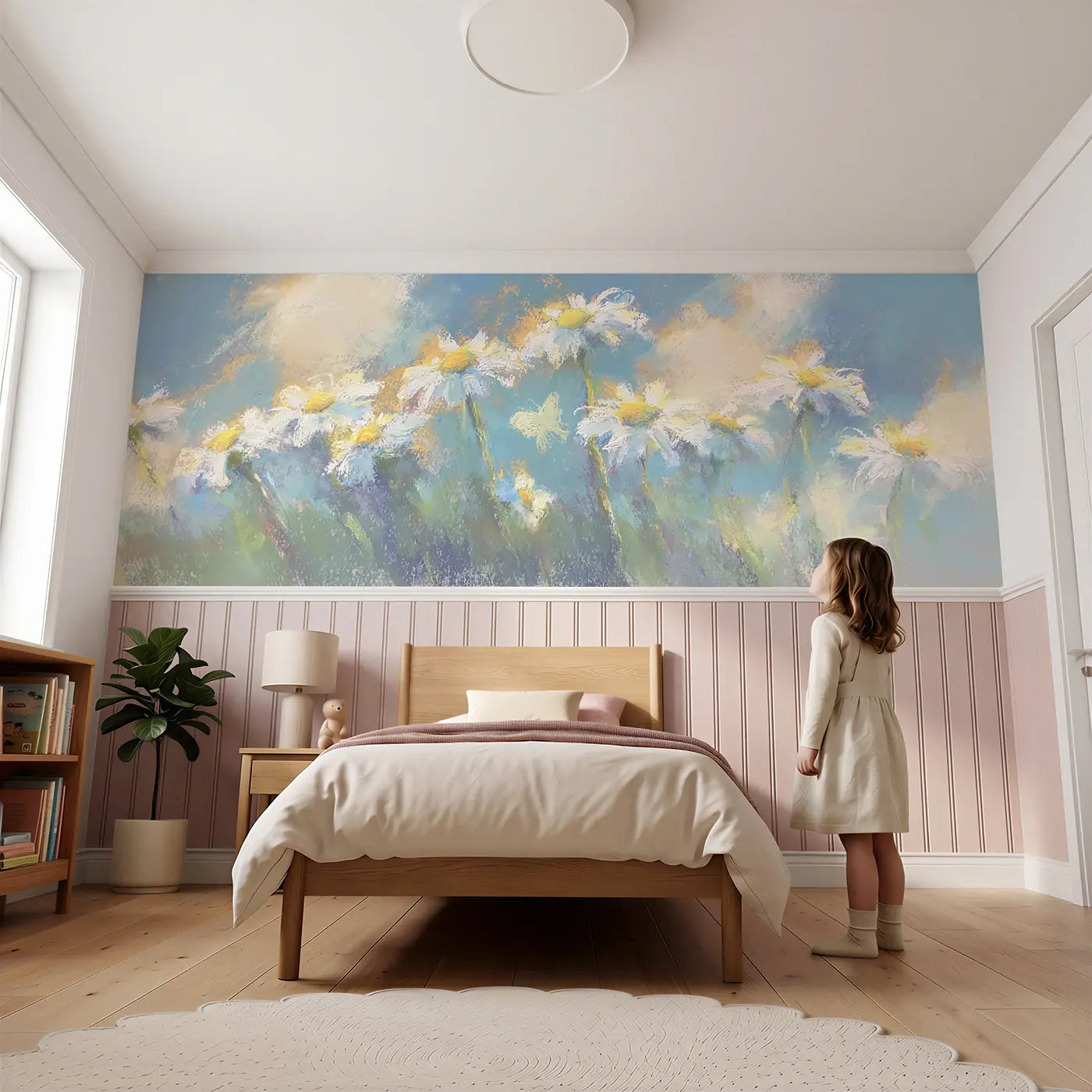 Child reading near Pastel Daisy Meadow Glow Wainscoting Wallpaper by Whimsy Tots
