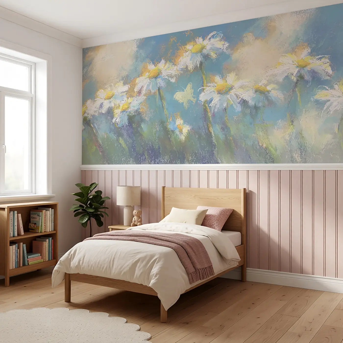Pastel Daisy Meadow Glow Wainscoting Wallpaper styled in a kids bedroom by Whimsy Tots