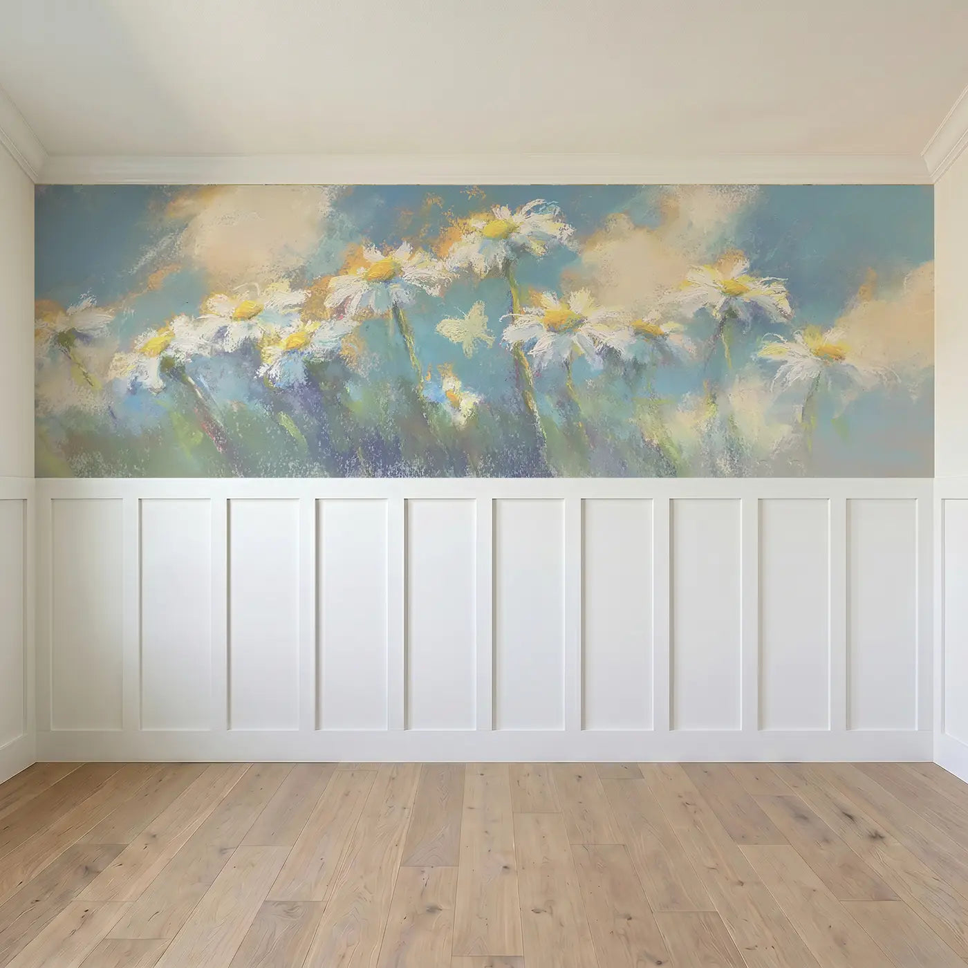 Full panel view of Pastel Daisy Meadow Glow Wainscoting Wallpaper by Whimsy Tots