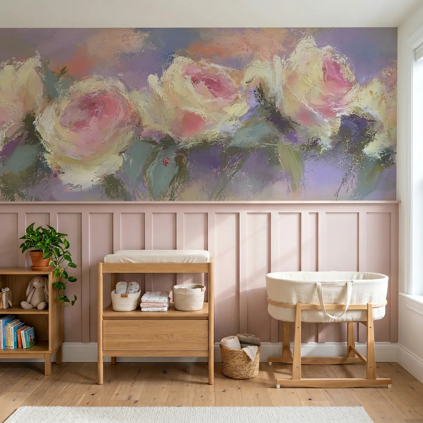 Soft Pastel chalk rose garden wainscoting wallpaper for nursery by Whimsy Tots