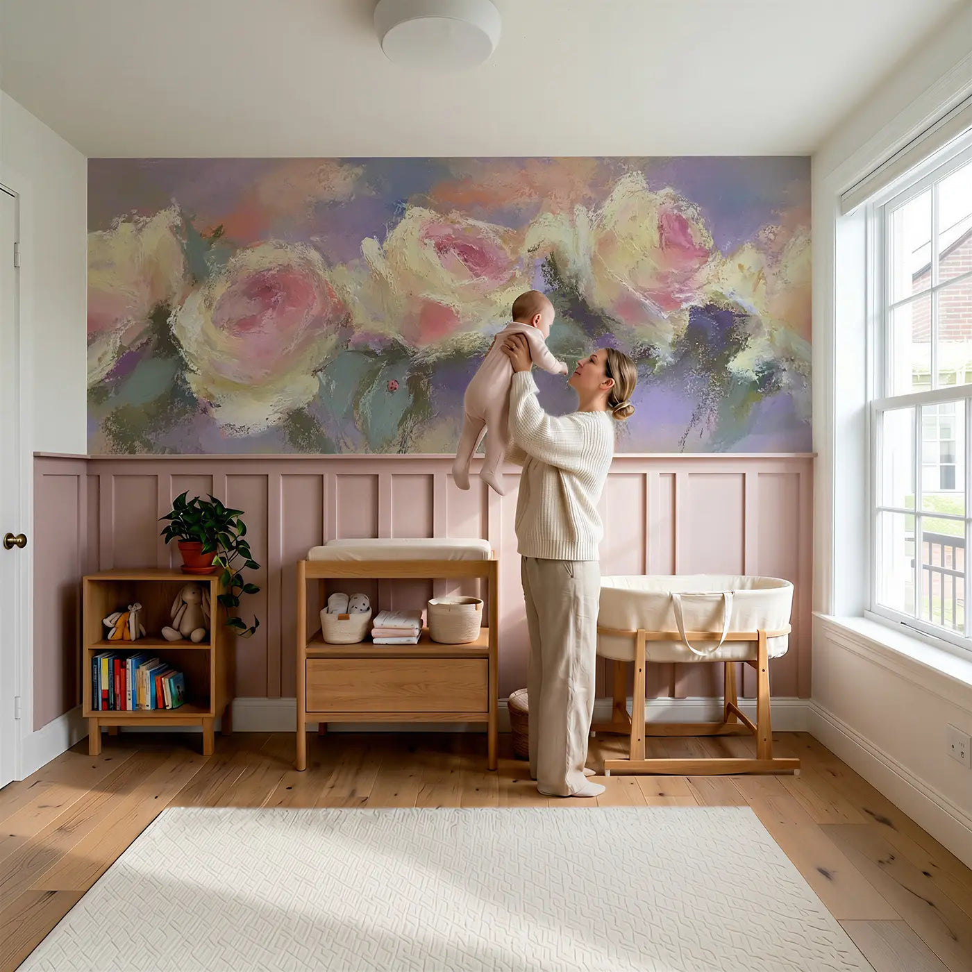 Child reading near Chalk Rose Garden Soft Wainscoting Wallpaper by Whimsy Tots