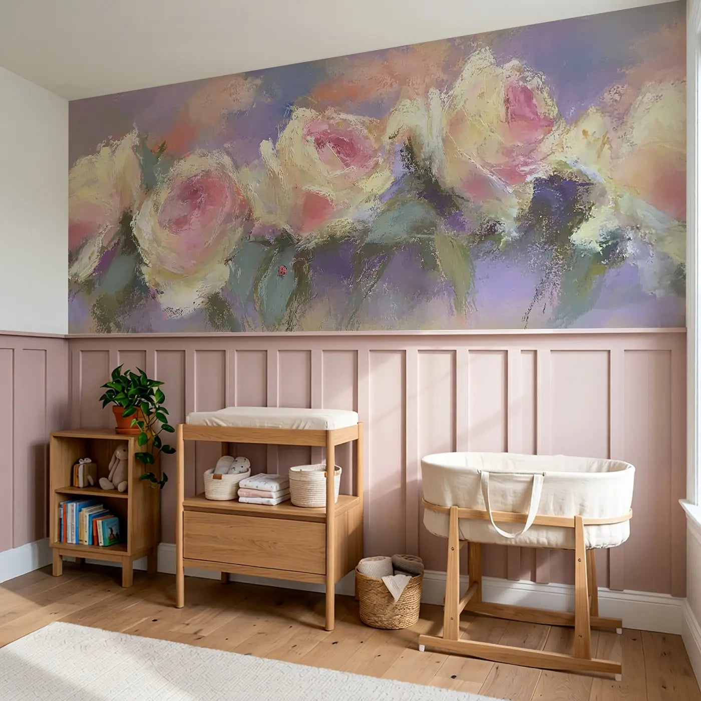 Chalk Rose Garden Soft Wainscoting Wallpaper styled in a kids bedroom by Whimsy Tots