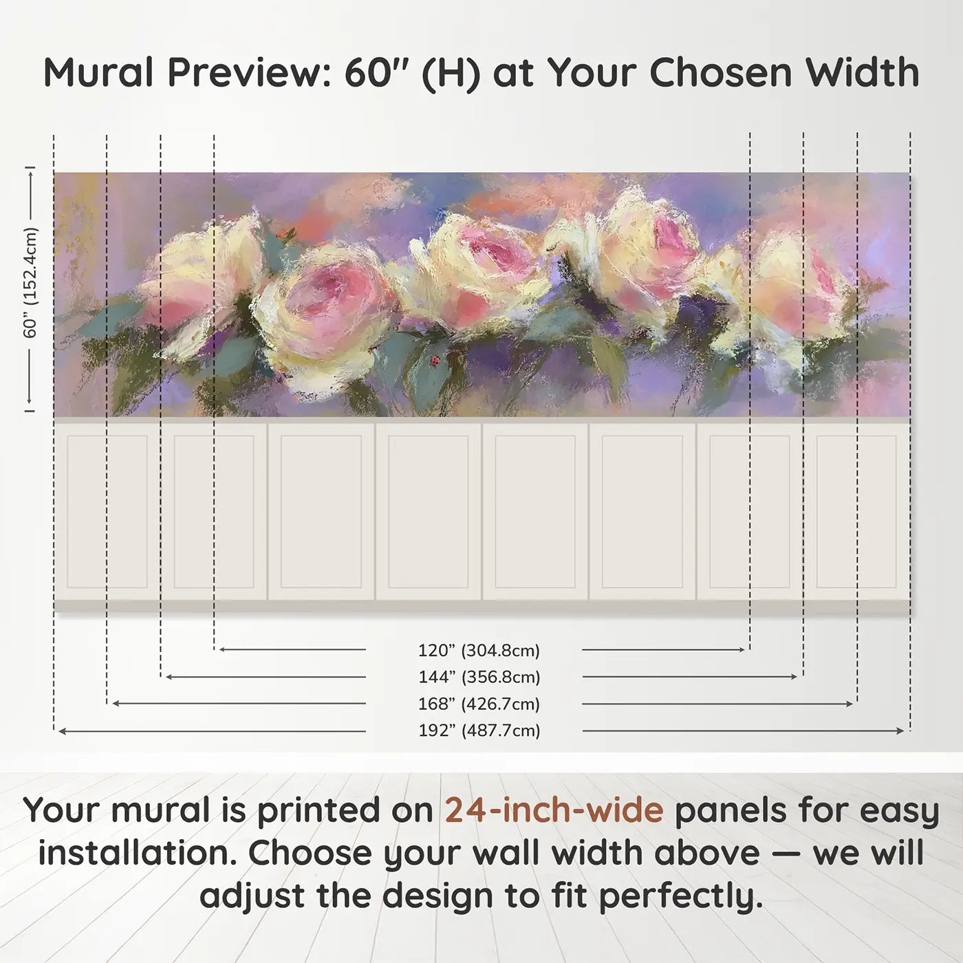 Panel dimensions for Chalk Rose Garden Soft Wainscoting Wallpaper by Whimsy Tots