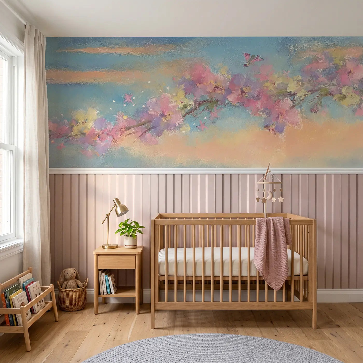 Soft Pastel wildflower crown wainscoting wallpaper for nursery by Whimsy Tots