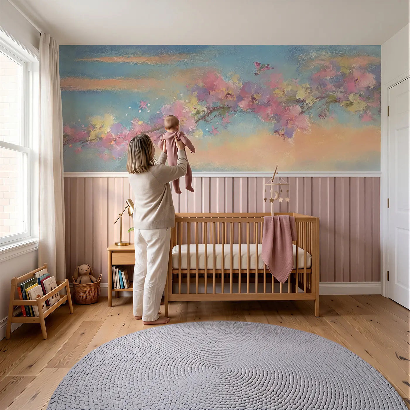 Child reading near Pastel Wildflower Crown Wainscoting Wallpaper by Whimsy Tots