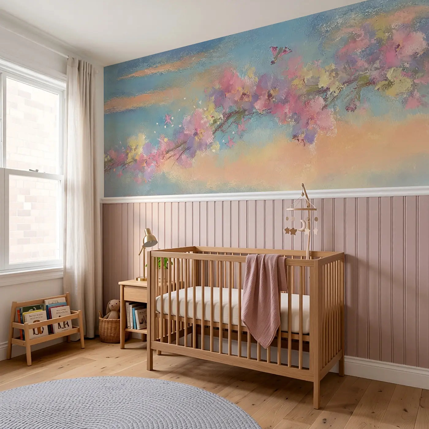 Pastel Wildflower Crown Wainscoting Wallpaper styled in a kids bedroom by Whimsy Tots