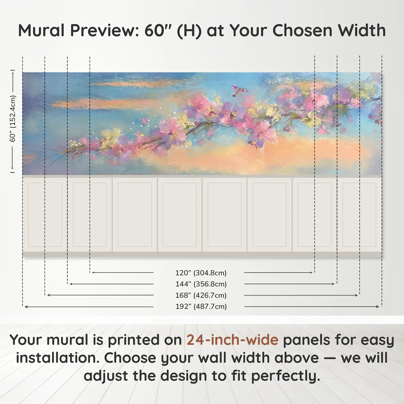 Panel dimensions for Pastel Wildflower Crown Wainscoting Wallpaper by Whimsy Tots