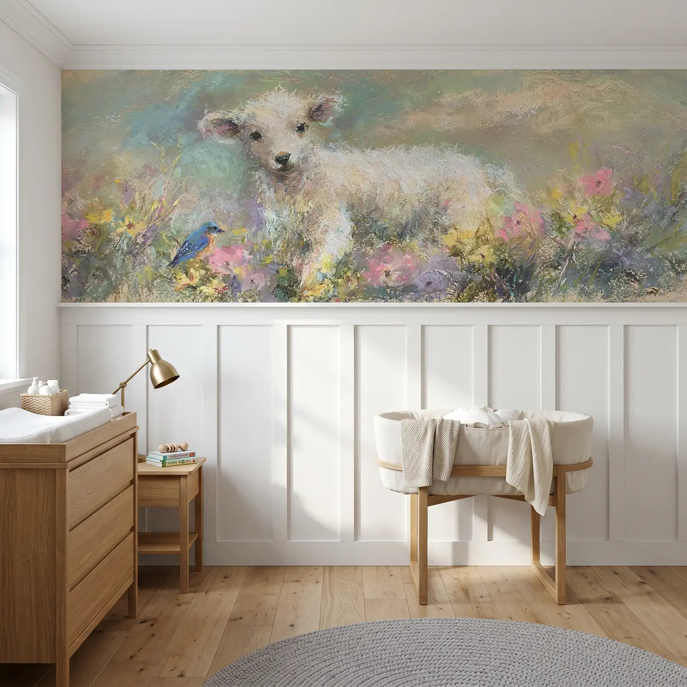 Soft Pastel fuzzy lamb flower field wainscoting wallpaper for nursery by Whimsy Tots